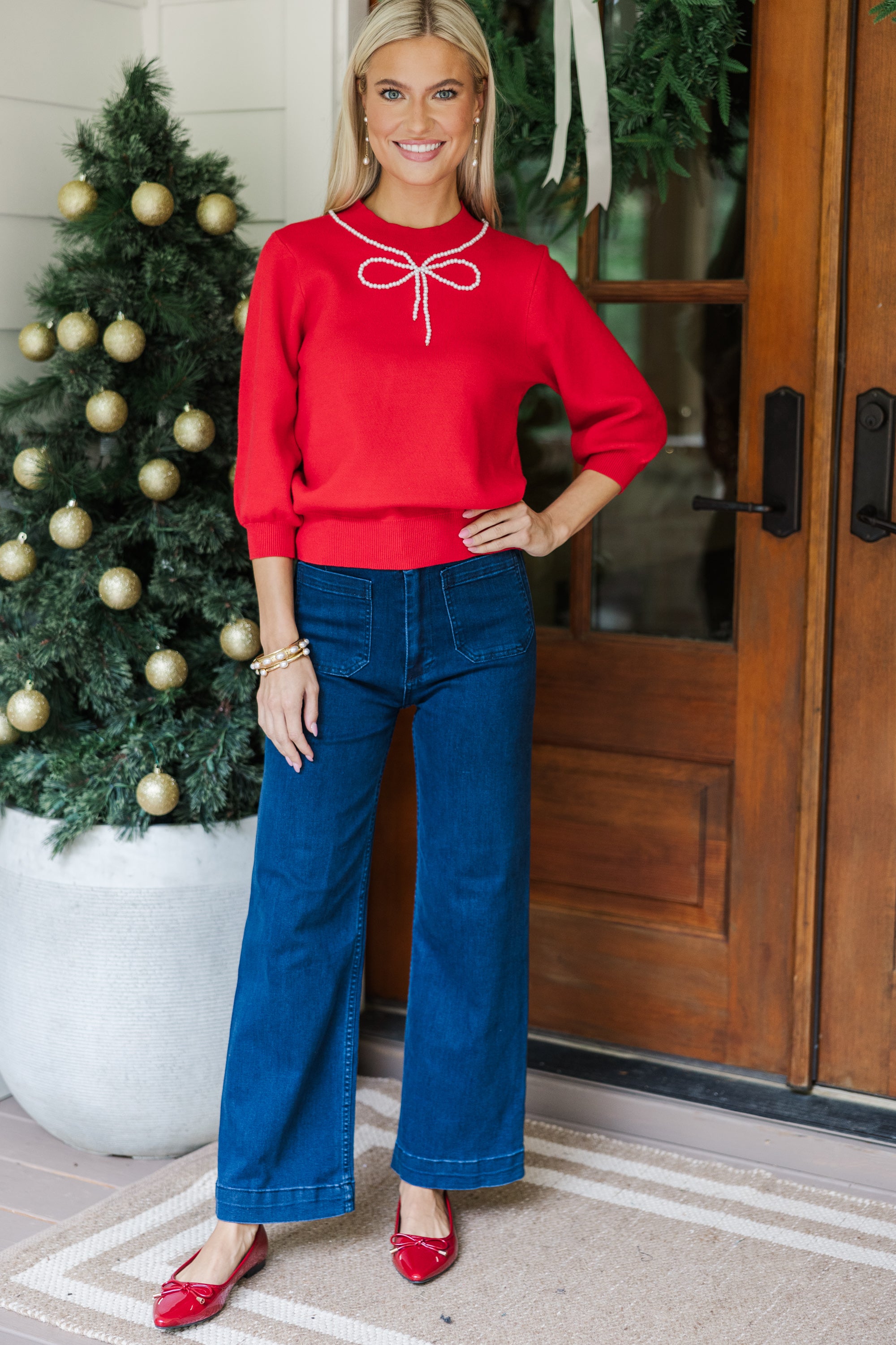 Red Pearl Embellished Sweater for Women - Elegant Knit Pullover with Beaded Details - Perfect for Holiday Parties & Date Nights