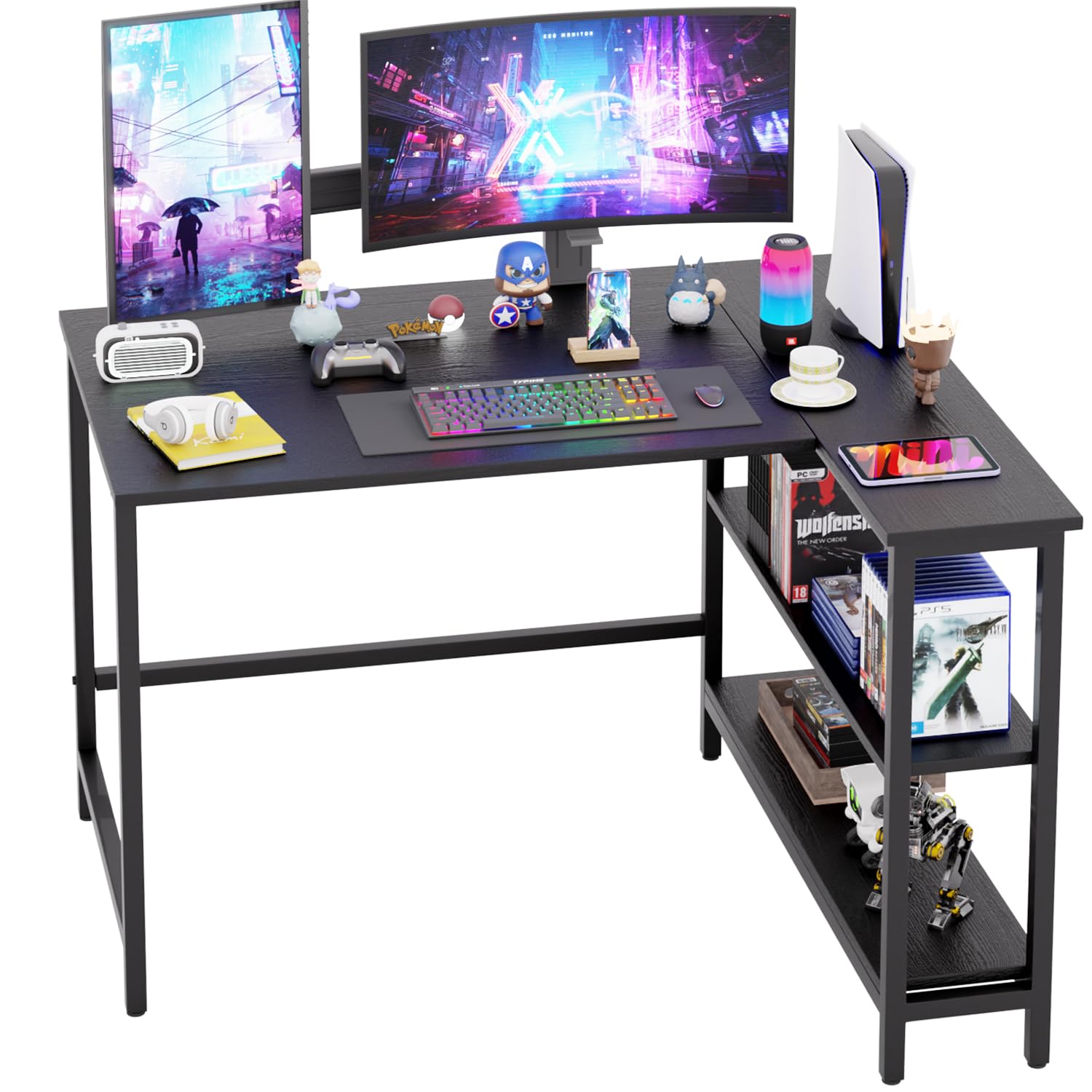 43 Inch L-Shaped Computer Desk with Durable Metal Frame - Corner Gaming Desk with Reversible Storage Shelves for Home Office, Study & Gaming - Black (Perfect for Small Spaces & Multi-Monitor Setups)
