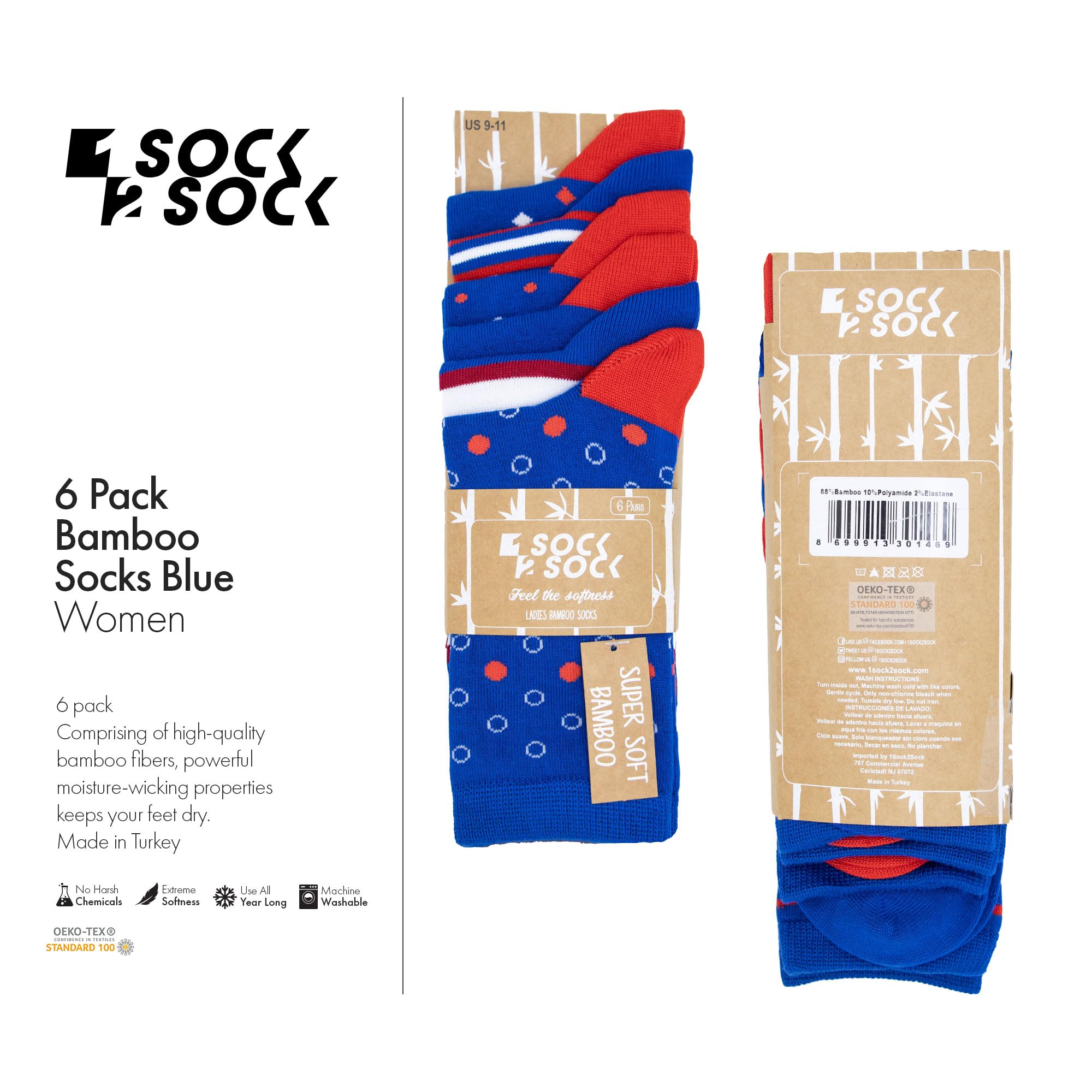 1SOCK2SOCK - Women's 6 Pack Bamboo Crew Socks - Ultra Soft, Breathable & Stylish Casual Socks for Women (US 6-10) - Perfect for Everyday Wear, Workouts & Lounge Comfort