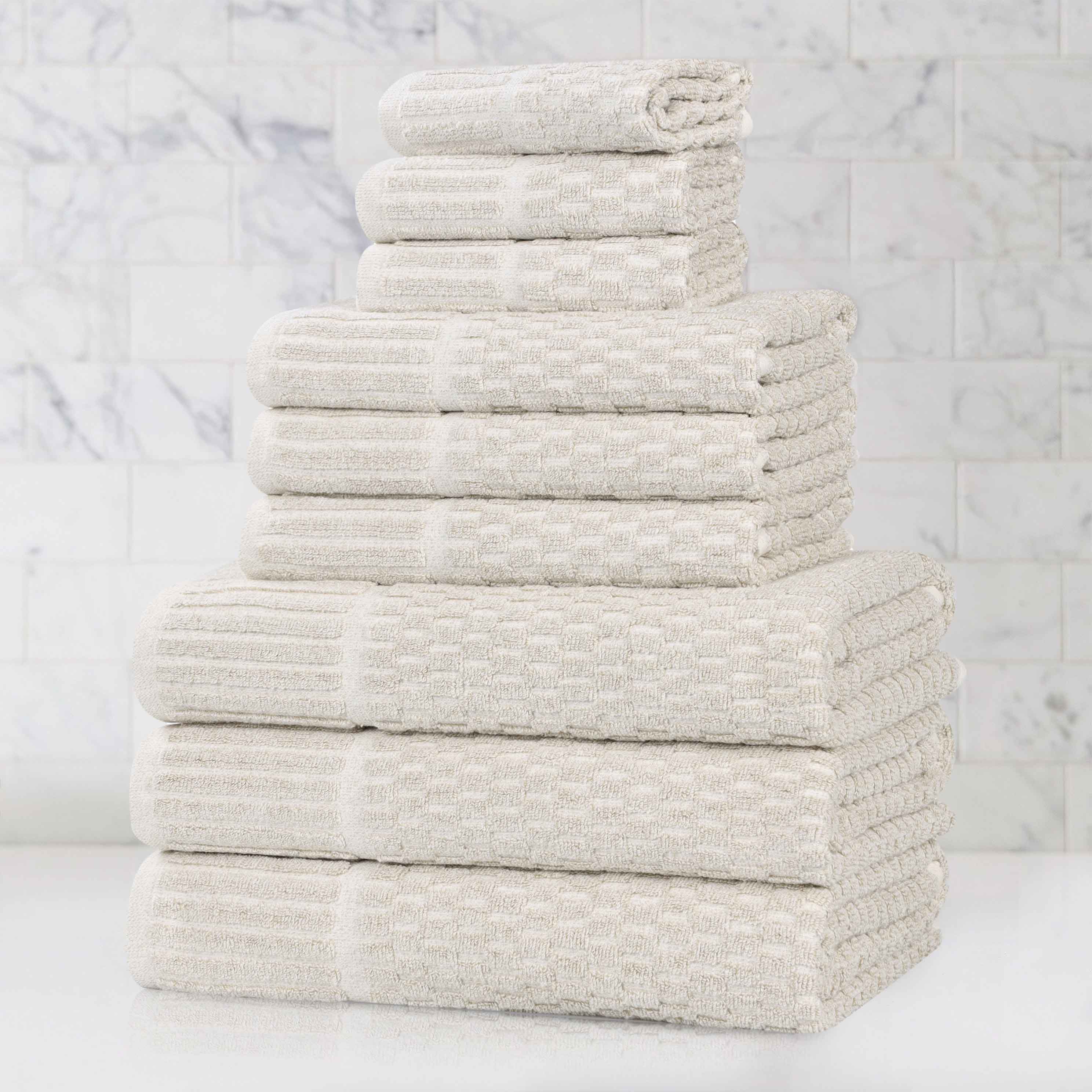 Premium 9-Piece Cotton Blend Checkered Border Towel Set - Medium Weight, Soft & Absorbent for Bathroom, Spa, and Guest Use