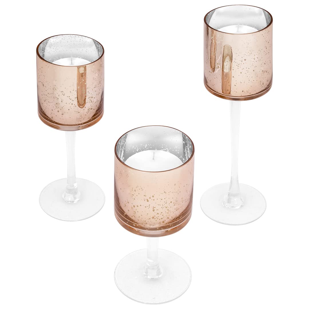 Rose Gold Candle Holder Set of 3 - Long Stem Glass Floating Candle Holders for Table Centerpiece, Wedding, Home Decor & Romantic Ambiance | Tall Tealight Candle Holders in Elegant Rose Gold Finish