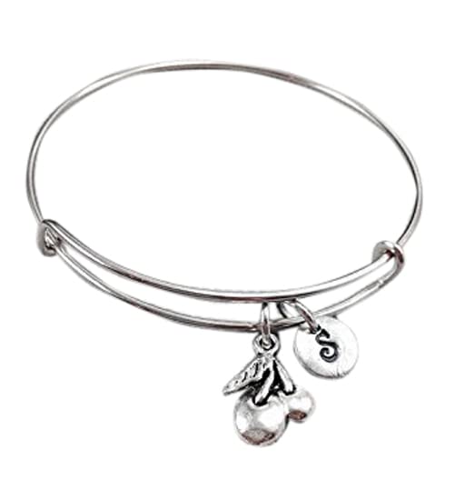 Personalized Cherry Charm Bangle Bracelet - Custom Initial Fruit Jewelry for Women - Perfect for Summer Outfits, Casual Wear & Gift Giving