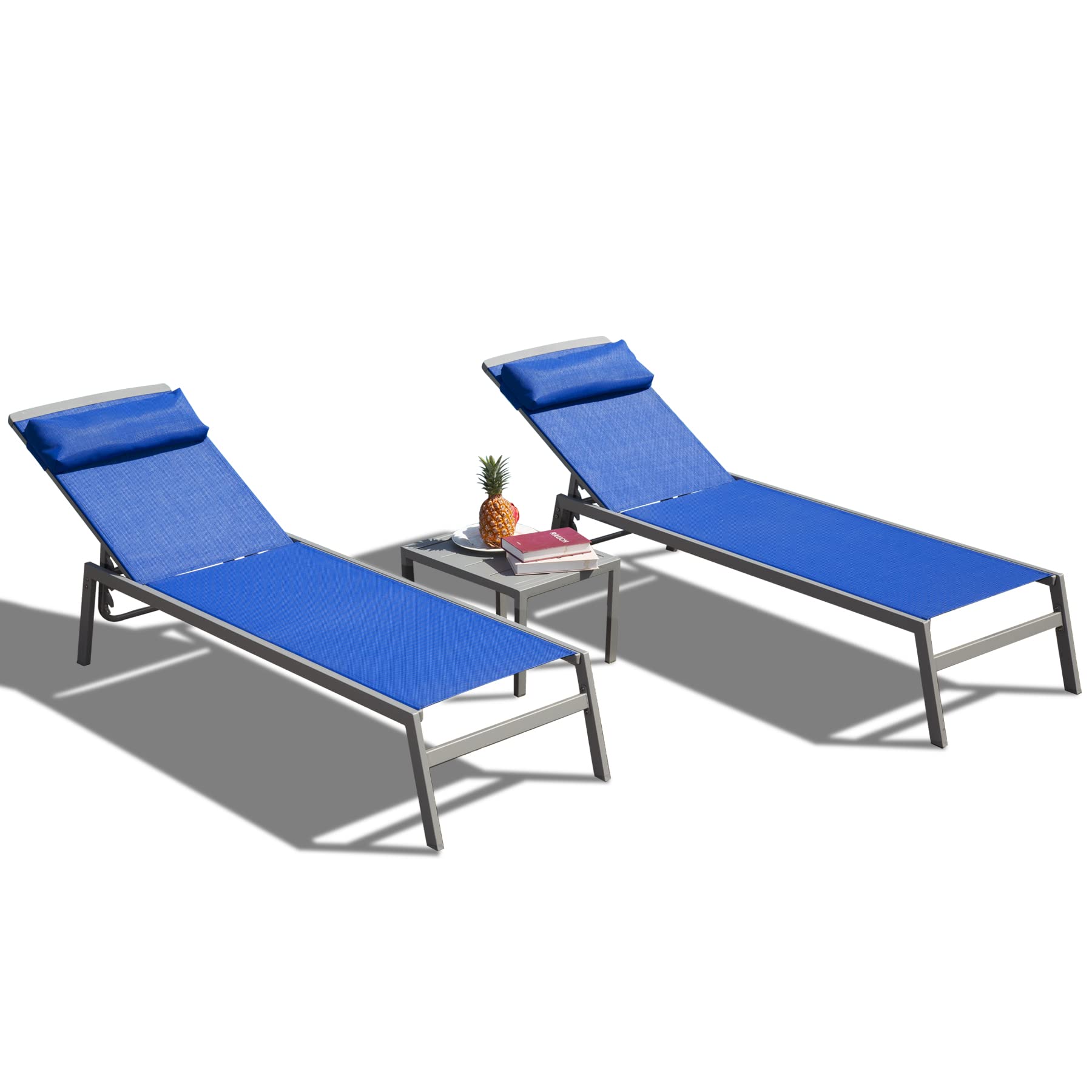 2022 New 3-Piece Patio Chaise Lounge Set - Adjustable Aluminum Backrest Pool Lounge Chairs with Textilene Fabric & Headrest for Sunbathing, Outdoor Relaxation by DOMI Outdoor Living (Blue) - Perfect for Poolside, Backyard, Beach & Patio Use