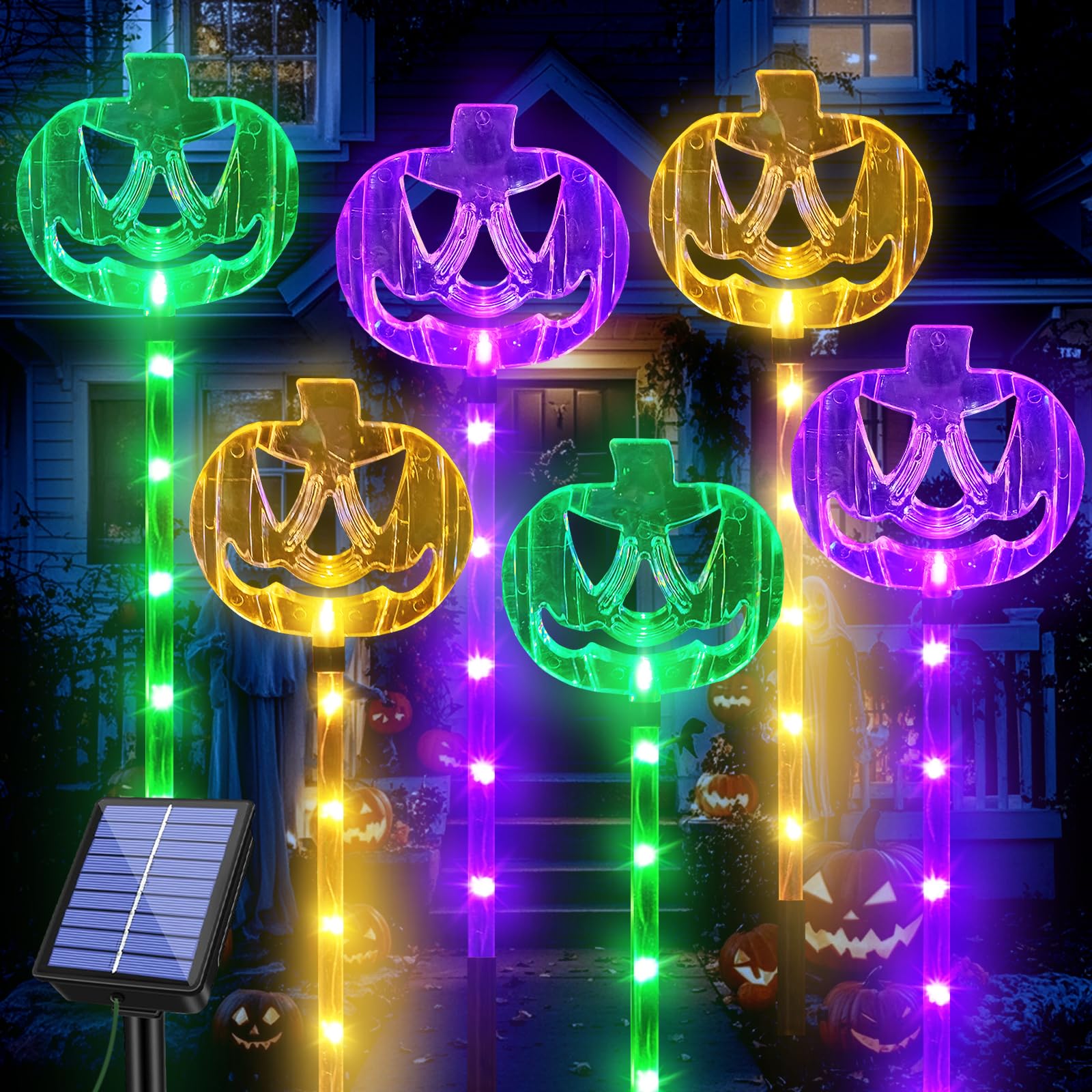 6-Pack Solar Halloween Pumpkin Garden Stake Lights - Waterproof Outdoor Halloween Decor for Yard, Patio, Pathway & Grave - Perfect for Spooky Halloween Night Decorations & Party Lighting