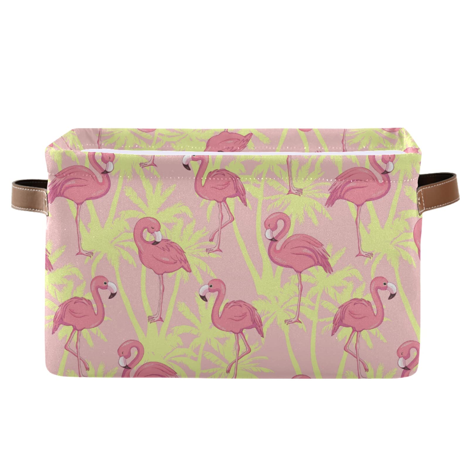 Pink Flamingo & Tropical Palm Tree Foldable Storage Bin - Sturdy Fabric Storage Basket with Handles for Nursery, Closet & Toy Organization | Space-Saving Canvas Storage Cube for Home Decor & Kids Room