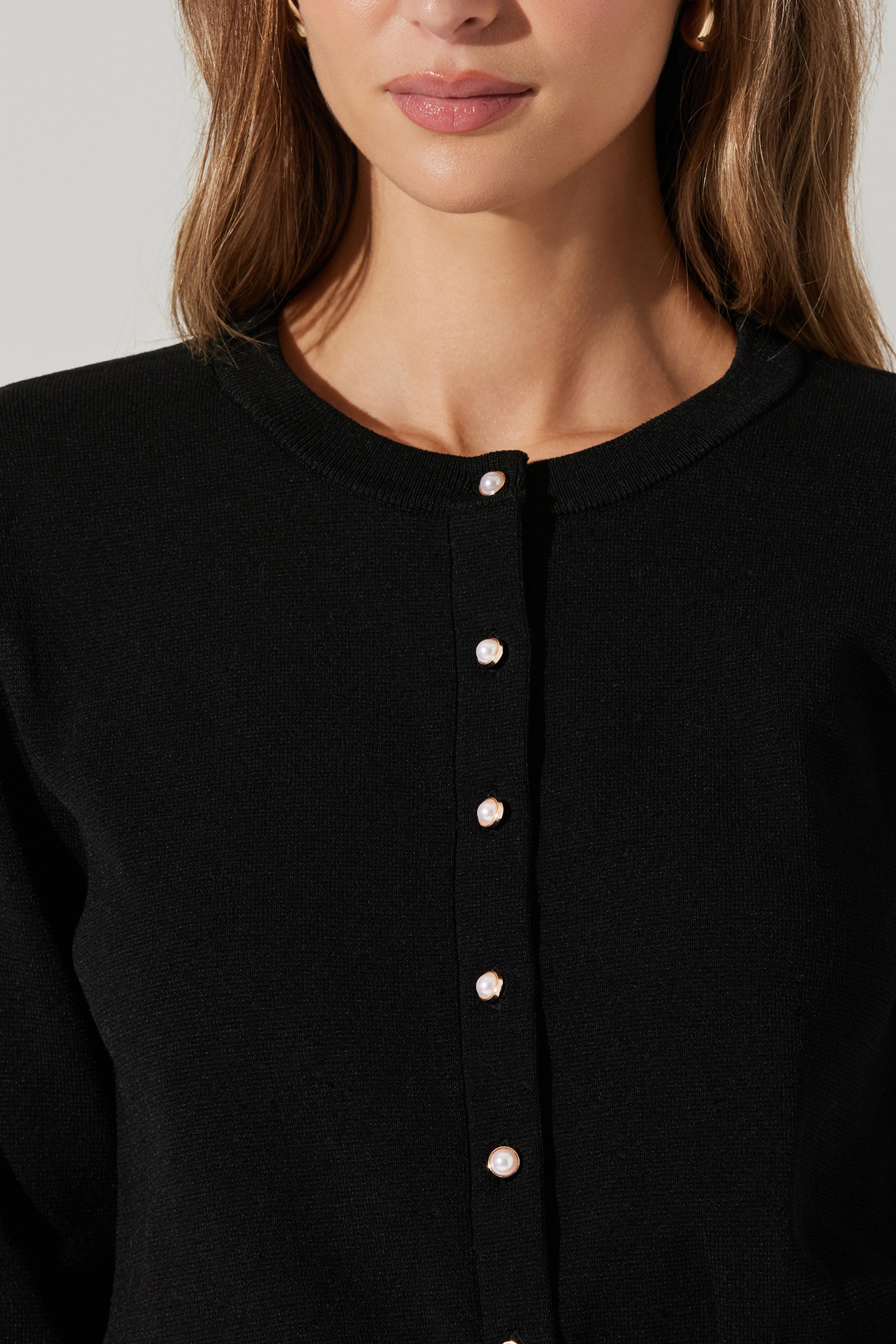 Denisa Faux Pearl Button Cardigan for Women - Black Knit Sweater | Elegant Long Sleeve Open Front Shrug | Perfect for Office, Date Night & Fall Layering