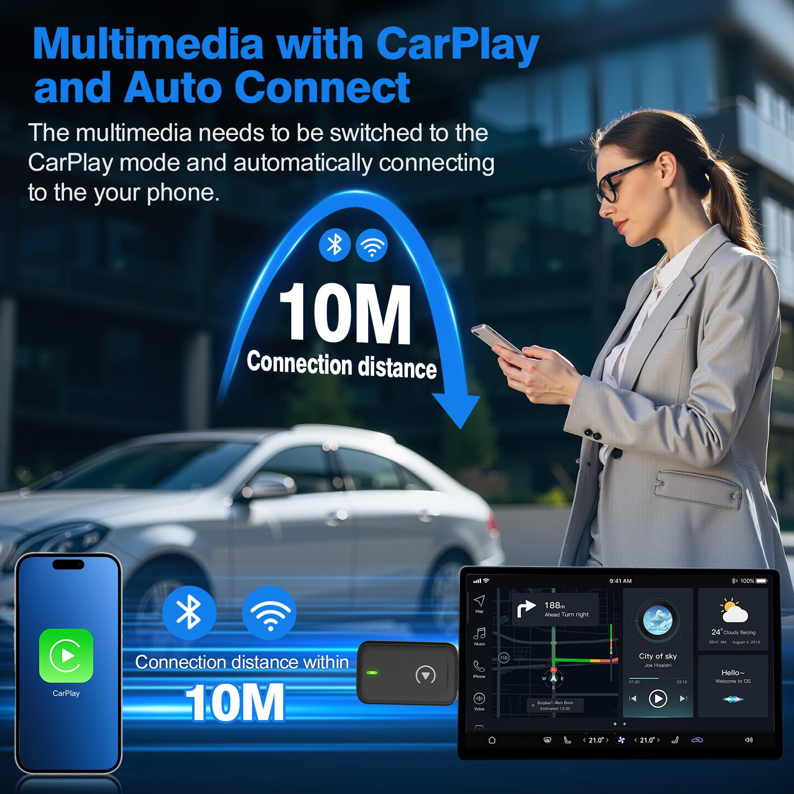 Wireless CarPlay Adapter for iPhone - Plug & Play USB CarPlay Dongle Converts Wired to Wireless, Compatible with Apple iPhone iOS 10+ & Cars from 2016 (Black) | Enjoy Hands-Free Music, Navigation & Calls While Driving