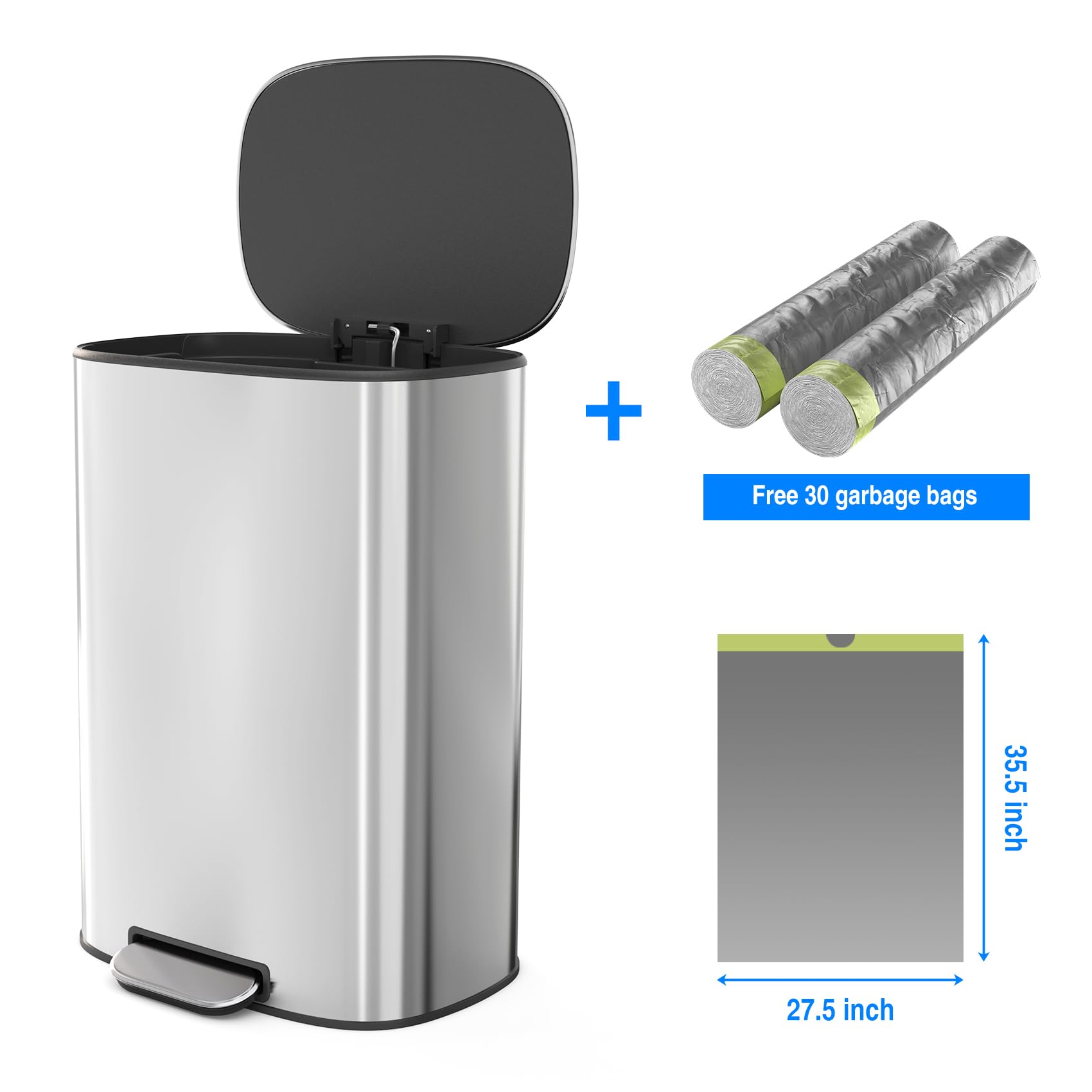 13 Gallon Stainless Steel Foot Pedal Trash Can with Soft Close Quiet Lid, Heavy Duty Oval Garbage Bin with 30 Bags - Perfect for Kitchen, Office, Bathroom & Commercial Use (Silver)
