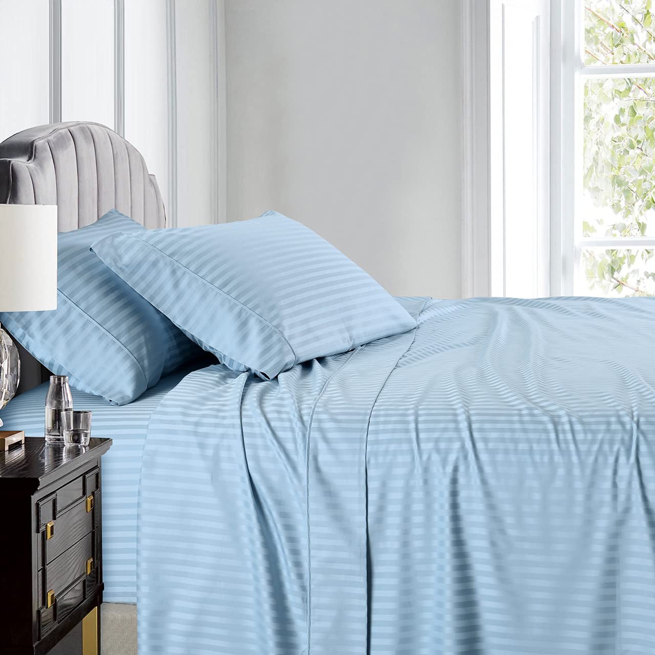 Royal Hotel Bedding 600 Thread Count 100% Cotton Sateen Stripe 4-Piece King Size Sheet Set with Deep Pockets - Luxury Bed Sheets for Hotels, Guest Rooms & Upscale Home Bedrooms (Blue)