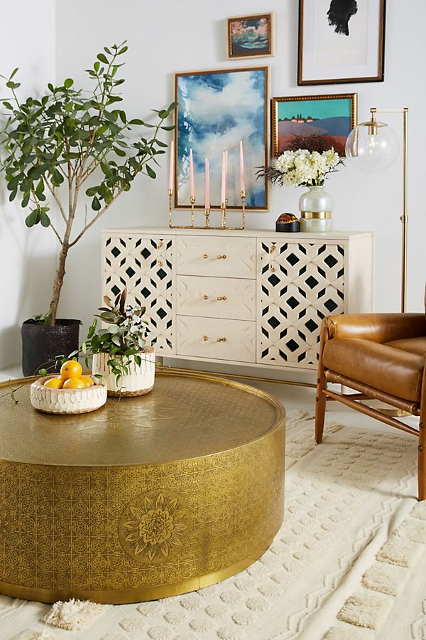 Handmade Embossed Metal Round Coffee Table - Modern Living Room Furniture for Home Decor, Perfect for Small Spaces & Apartments