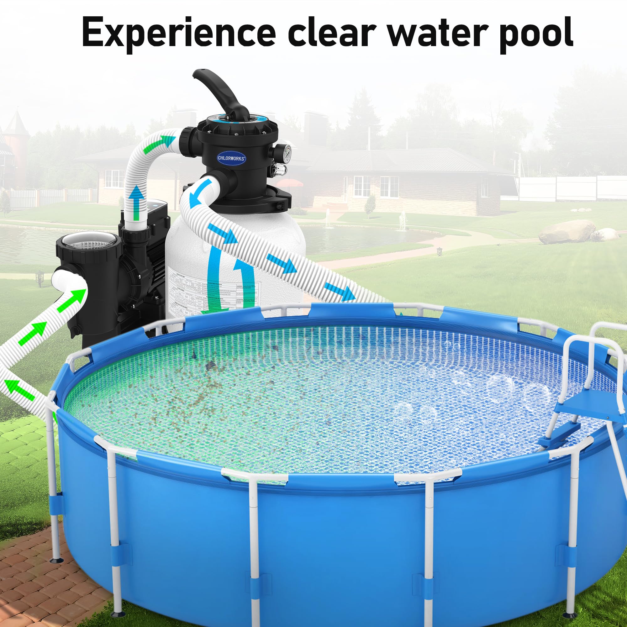 **3036GPH Sand Filter Pump for Above Ground Pools – 4.4lbs Pool Filter Balls, 20,000GAL Capacity, Timer, 6-Way Valve, GFCI Plug, 110-120V – 2-Year Warranty – Perfect for Backyard, Inflatable, and Family Swimming Pools**