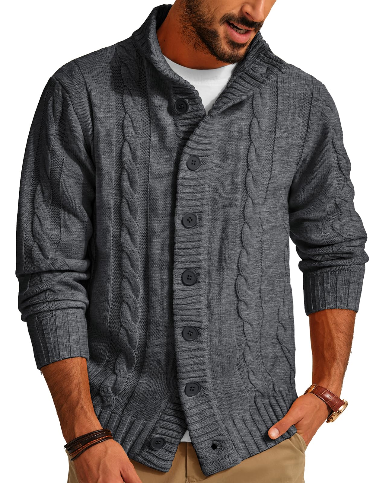 PJ PAUL JONES Men's Stand Collar Cable Knit Button Cardigan Sweater - Warm Winter Pullover for Casual Outfits & Office Wear