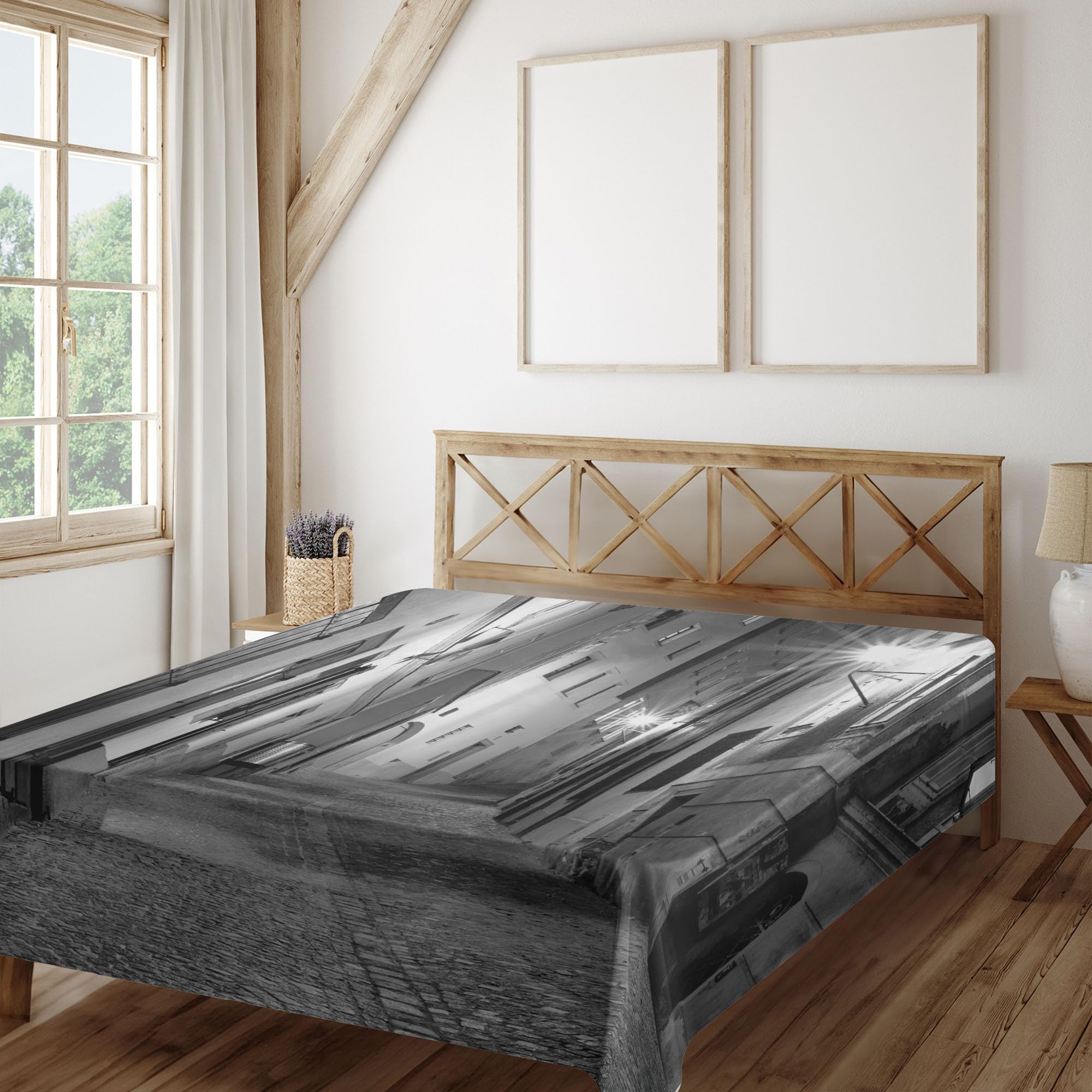 Ambesonne King Size Black and White Flat Sheet - Soft Comfortable Top Sheet with Dark European Alleyway Night Scene Design, Decorative Bedding for Master Bedroom or Guest Room