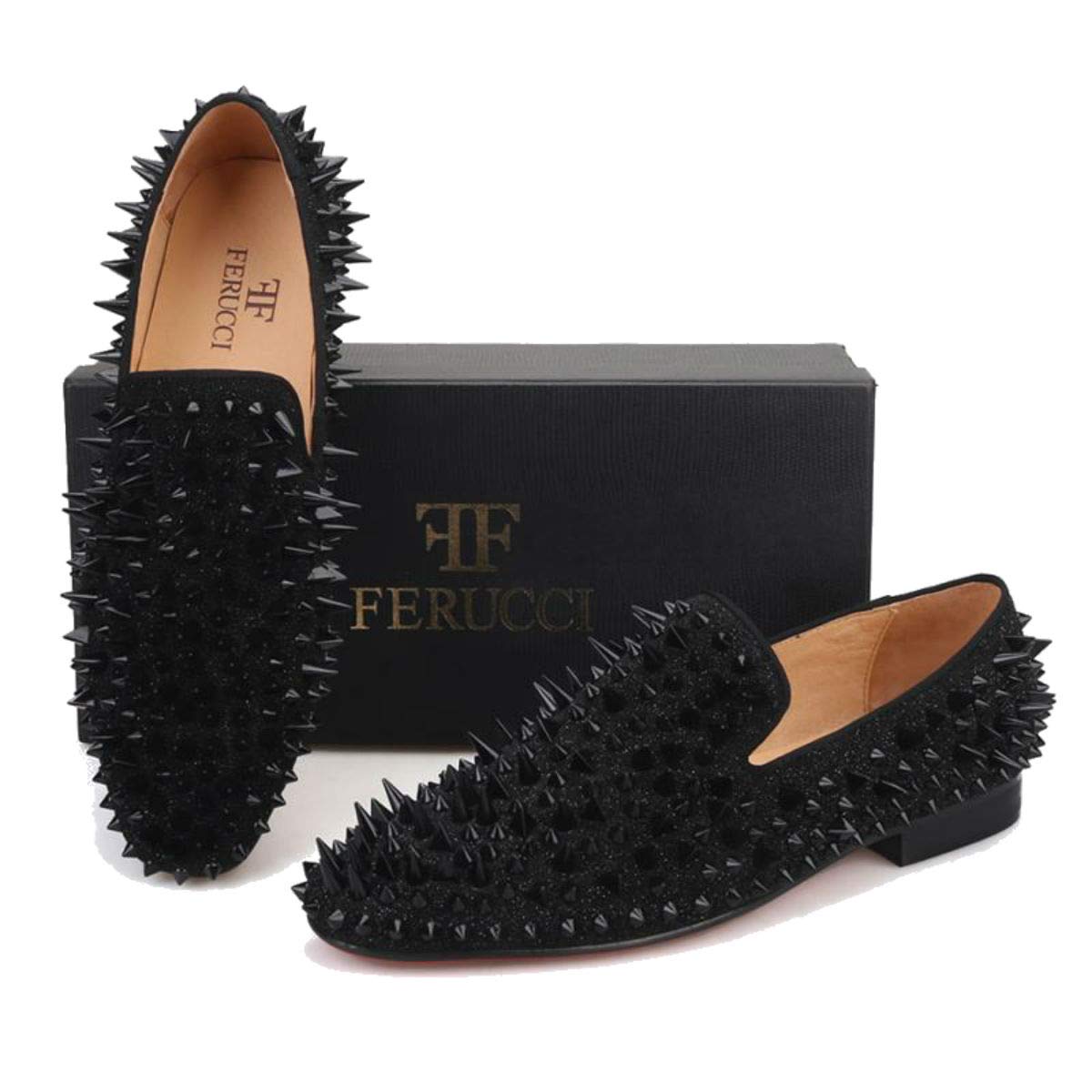 FERUCCI Men's Black Spiked Loafers with Crystal Rhinestones - Stylish Slip-On Shoes for Casual Wear, Parties & Night Out