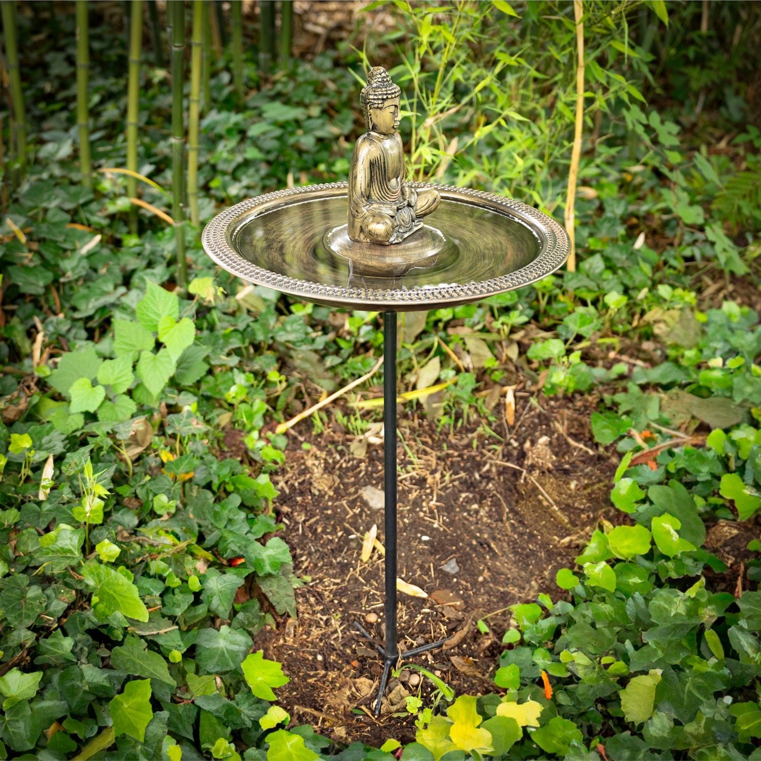 18-Inch Beaded Copper Birdbath with Meditating Buddha Statue - Outdoor Garden Decor for Zen Meditation Spaces, Patio, and Backyard Landscaping