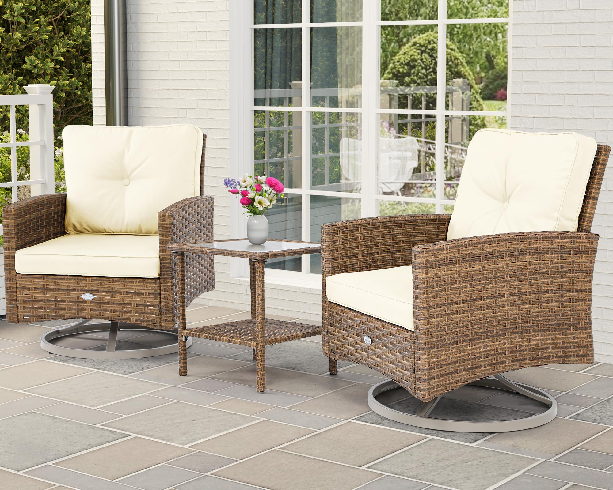 YITAHOME 3-Piece Outdoor Patio Furniture Set - Wicker Rocking Chairs with Cushions & Side Table - Tan Rattan Conversation Bistro Set for Garden, Backyard, Balcony - Perfect for Relaxing, Entertaining & Enjoying Coffee Outdoors