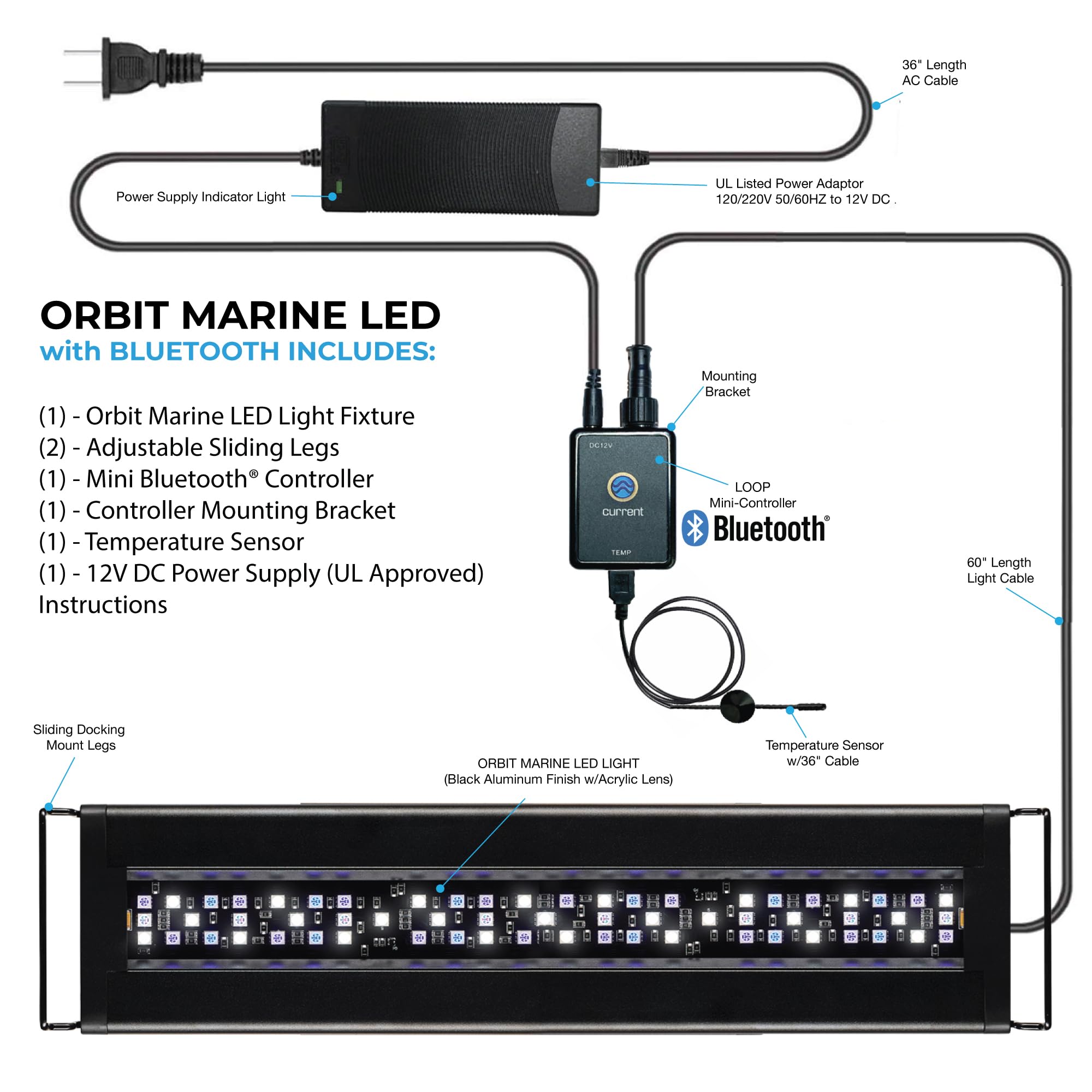 CURRENT USA Orbit Marine LED Aquarium Light 48-60 Inch with Bluetooth App Control | Wireless Saltwater Reef Lighting & eFlux Wave Pump Control for Fish Tank | Perfect for Coral Growth & Marine Life in Home or Office Aquariums (Model 4203)