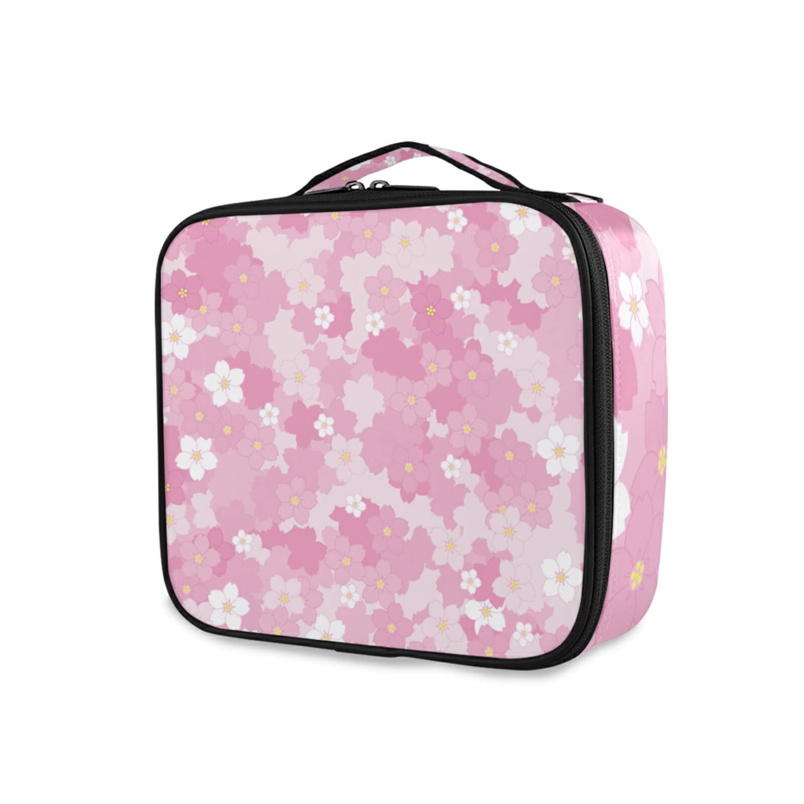 Pink Cherry Blossom Travel Makeup Bag with Brush Holder & Adjustable Dividers - Portable Cosmetic Organizer for Women, Perfect for Vacation, Gym & Daily Essentials Storage