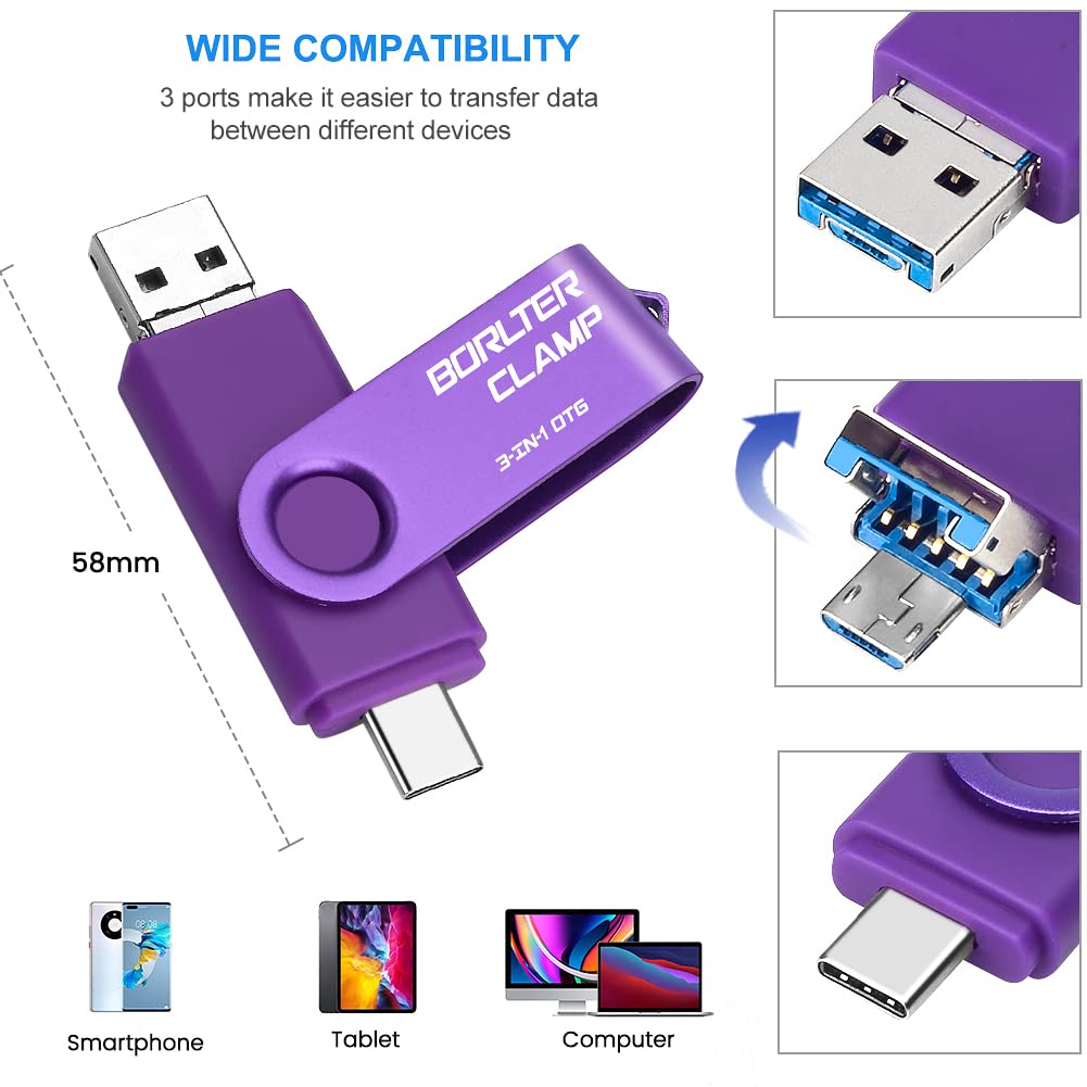 128GB 3-in-1 OTG Flash Drive for Android, USB-C, Micro USB, USB-A - Transfer Photos & Files Between Phones, Tablets & PCs