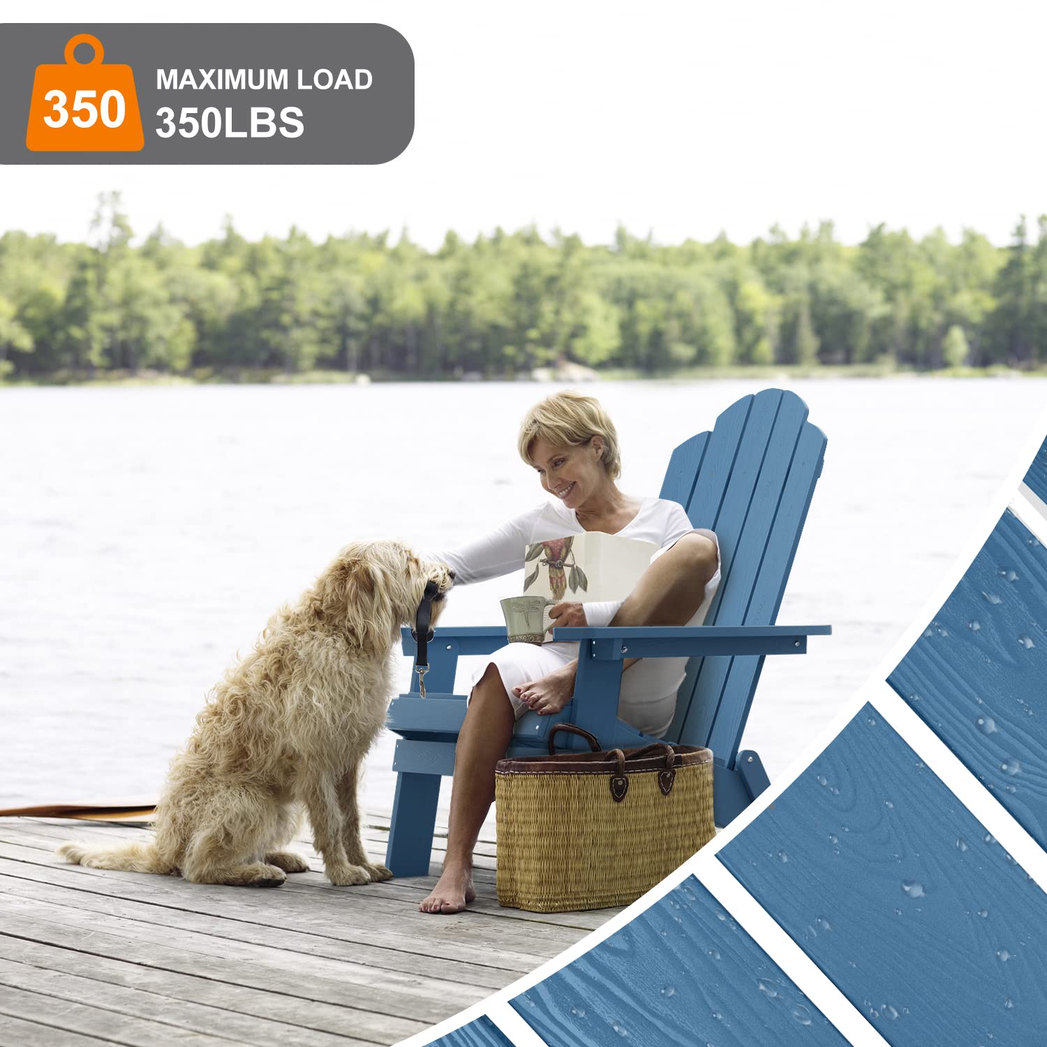 MXIMU Folding Adirondack Chair - Heavy Duty Plastic Outdoor Lounge Chair for Patio, Backyard, Garden, Camping & Fire Pit - Navy Blue Comfort Seat for Relaxing