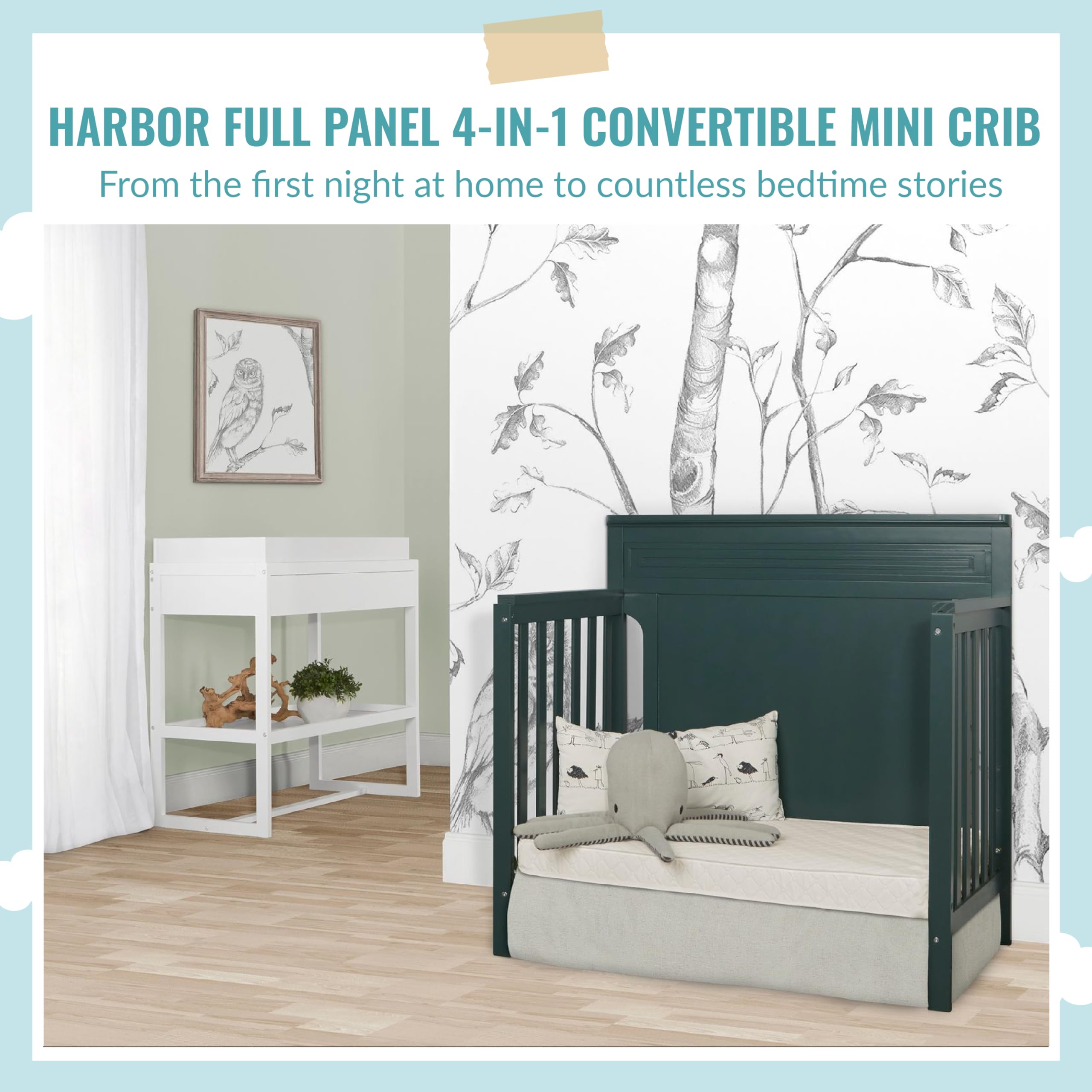 Dream On Me Harbor 4-in-1 Convertible Mini Crib - Solid Pinewood, JPMA Certified, Water-Based Paint Finish (Olive Green) | 3 Adjustable Mattress Heights | Perfect for Nursery, Small Spaces & Travel | Safe Baby Bed for Newborns to Toddlers
