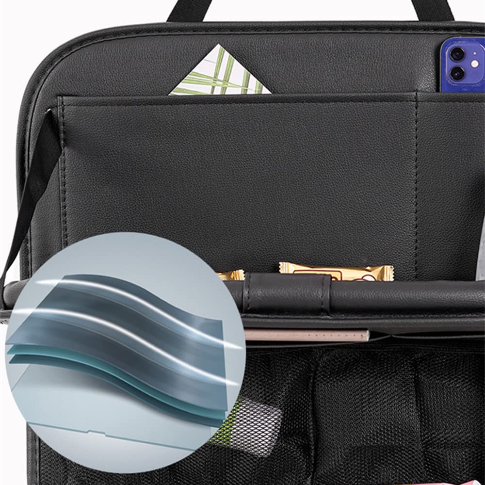 Premium PU Leather Car Backseat Organizer with Tablet Holder & Foldable Tray - Kickproof Seat Protector with Storage Pockets - Ideal for Road Trips, Family Travel & Kids' Entertainment (1 Pack)
