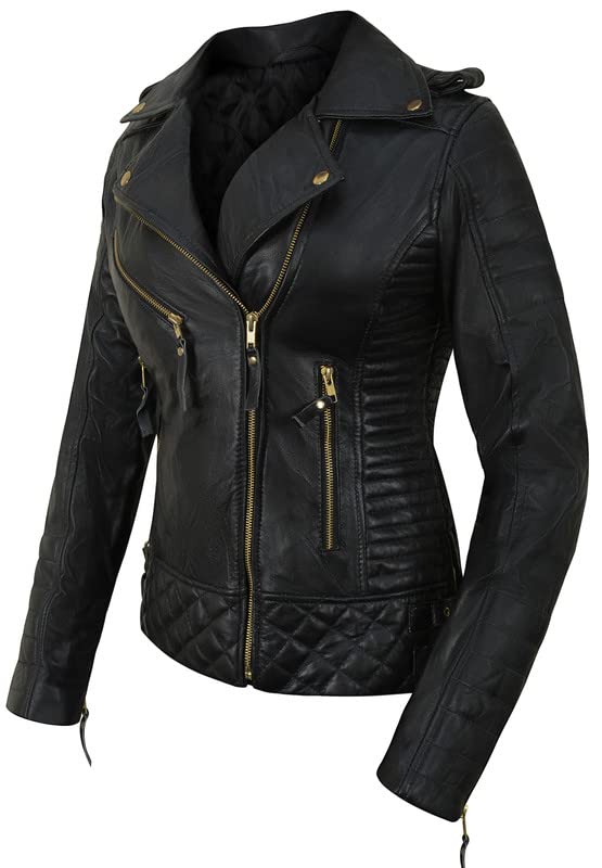 SpazeUp Women's Black Asymmetrical Cafe Racer Motorcycle Jacket - Genuine Leather Biker Jacket for Women | Riding, Streetwear & Fashion Outfits