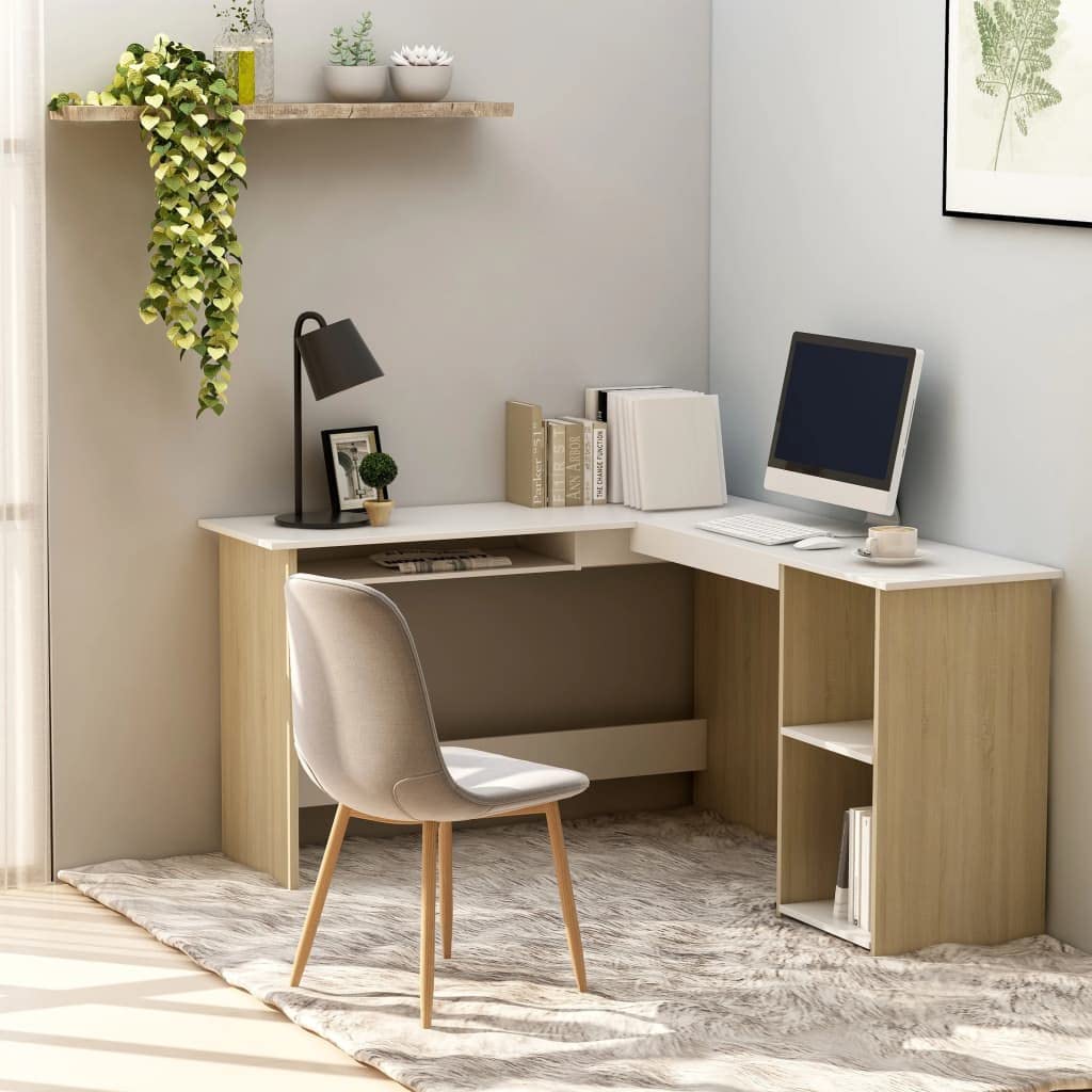 CHARMMA L-Shaped Corner Computer Desk - White & Sonoma Oak Finish - 47.2 x 55.1 x 29.5 Inches - Sturdy Chipboard Construction (35.6kg) - Perfect for Home Office, Gaming Setup & Small Space Workstation