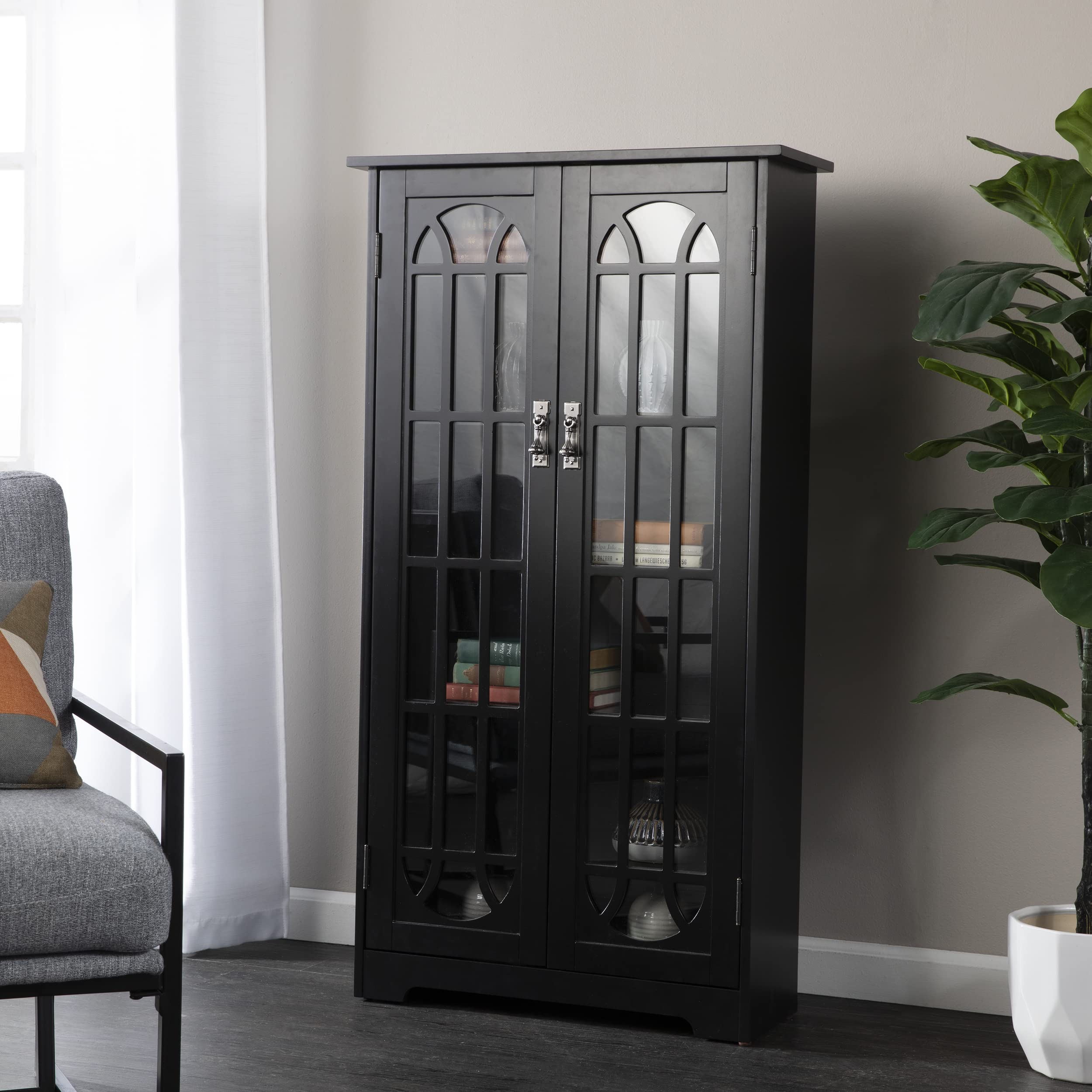 SEI Furniture Black Window Pane Media Cabinet - Modern TV Stand with Storage for Living Room, Bedroom & Home Theater