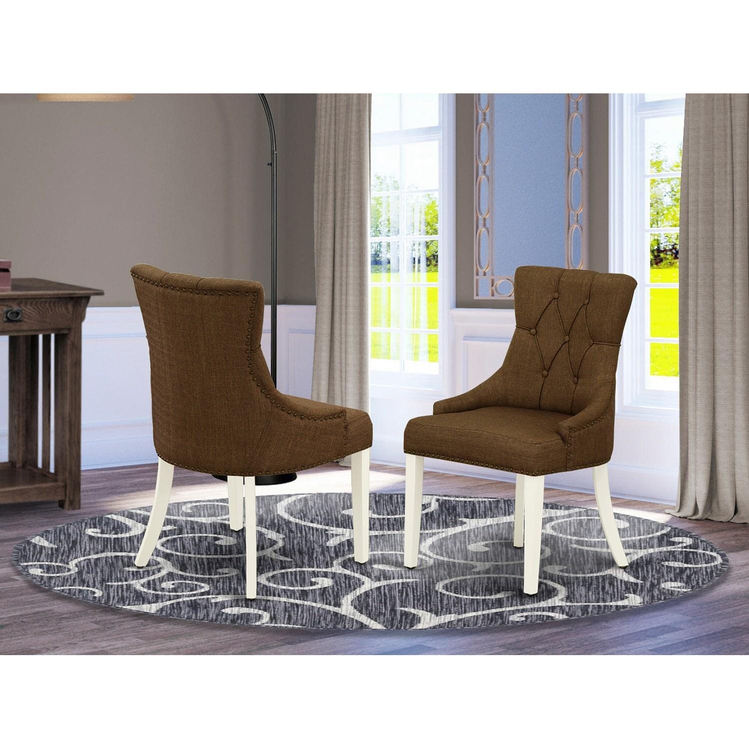 East West Furniture FRP2T18 Friona Parsons Dining Chairs - Set of 2 Button Tufted Upholstered Chairs with Nailhead Trim in Brown Linen Fabric | Elegant Dining Room Seating for Kitchen, Breakfast Nook & Formal Entertaining