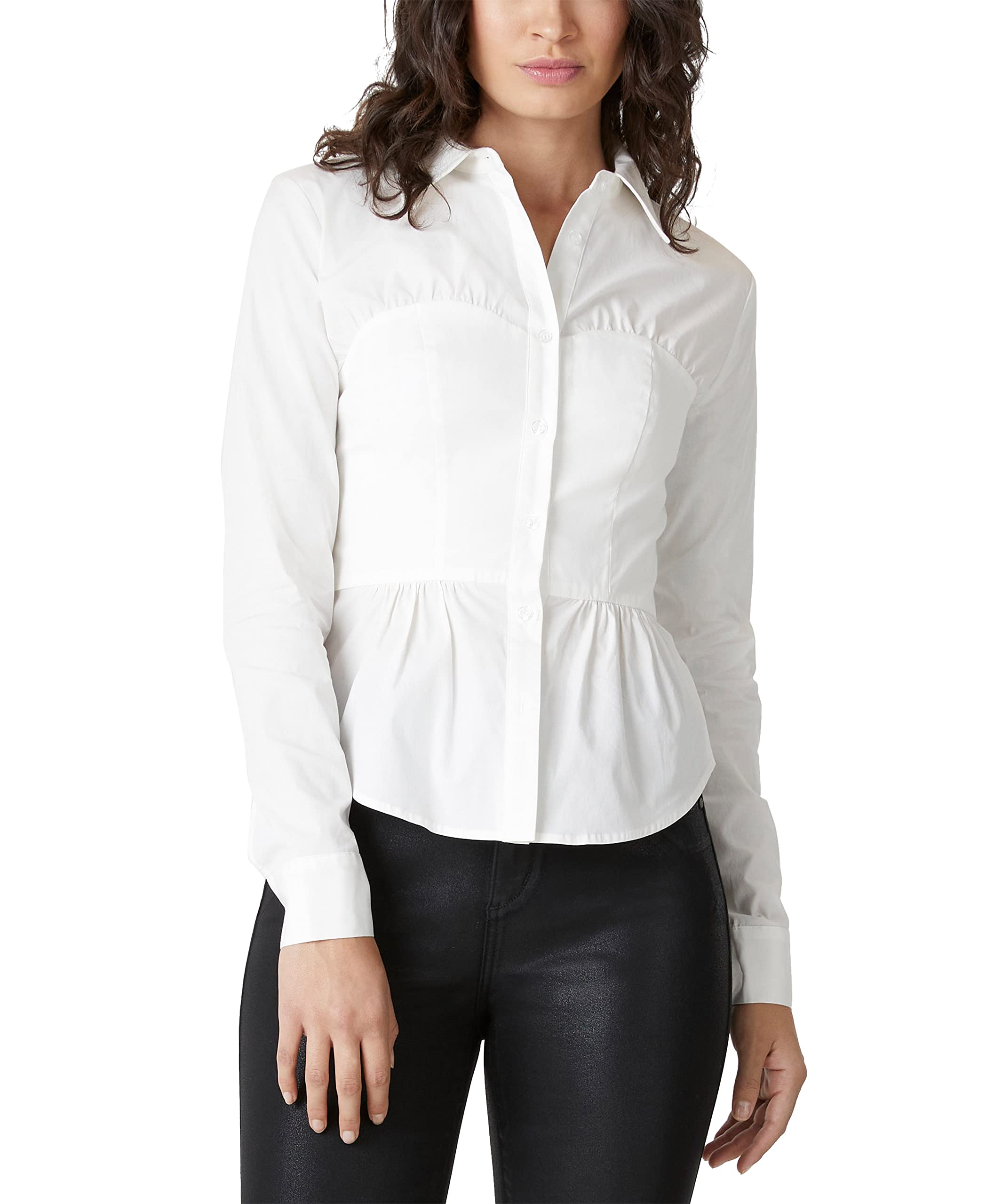 BCBGMAXAZRIA Women's Long Sleeve Peplum Blouse - Corset Back Fit & Flare Top for Work, Date Night & Special Occasions