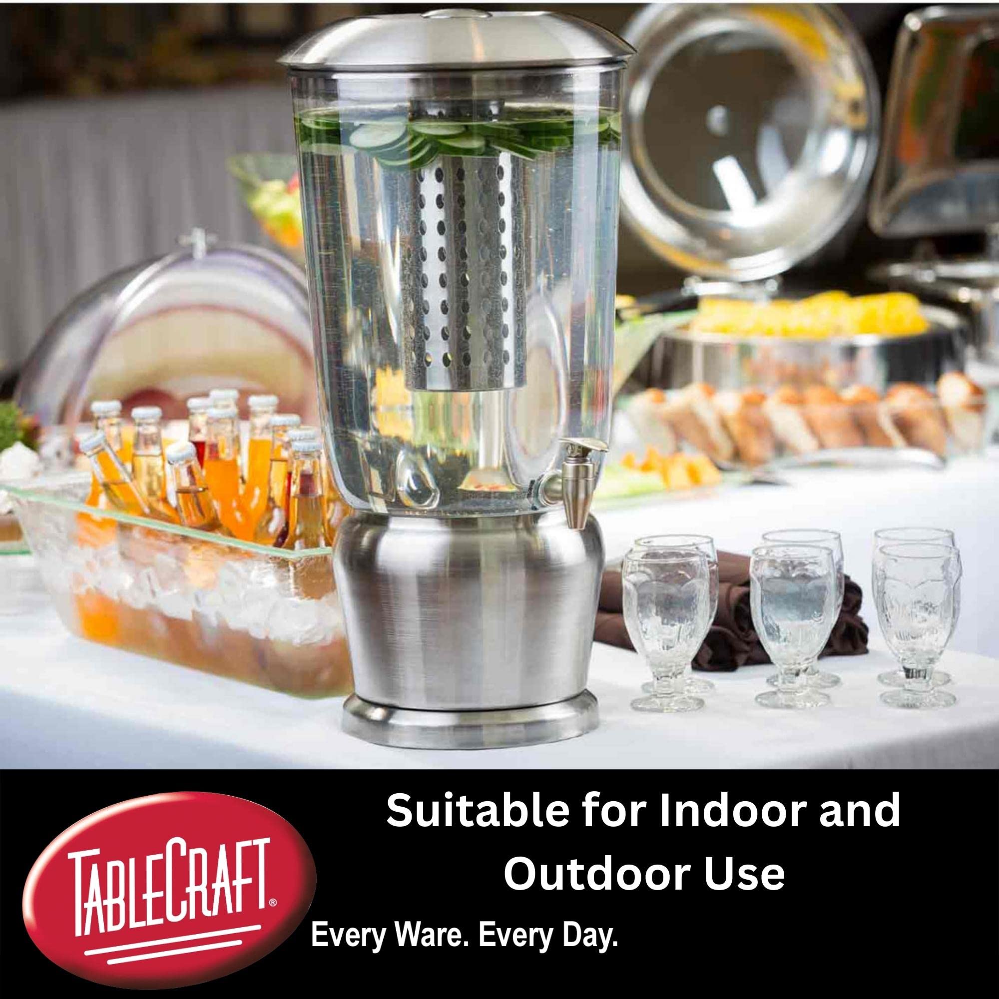 TableCraft 85 Large 5 Gallon BPA-Free Tritan Drink Dispenser with Fruit Infuser & Stainless Steel Stand - Perfect for Catering, Buffets, Home Parties, and Outdoor Events - Ideal for Lemonade, Iced Tea, and Cold Beverages