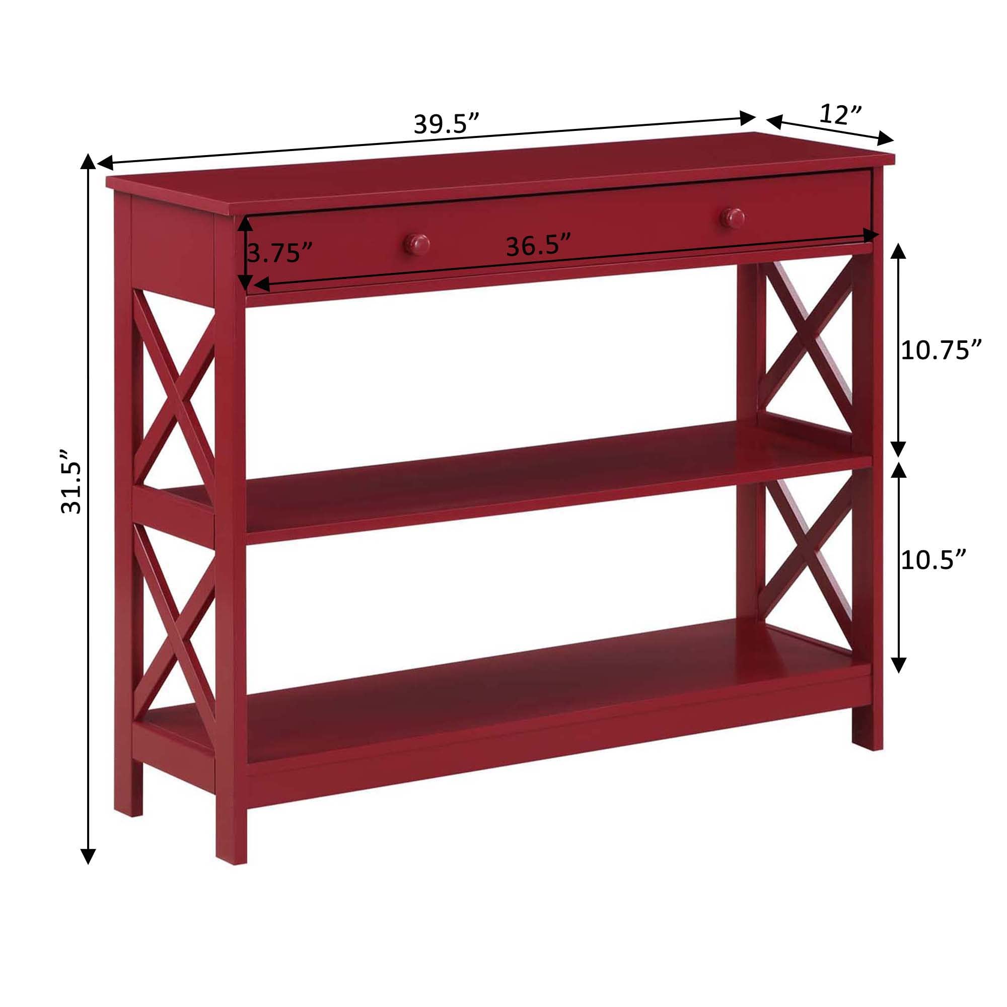 Convenience Concepts Oxford 1-Drawer Console Table with Shelves - Cranberry Red - Entryway Sofa Table, Hallway Organizer, Living Room Storage Solution