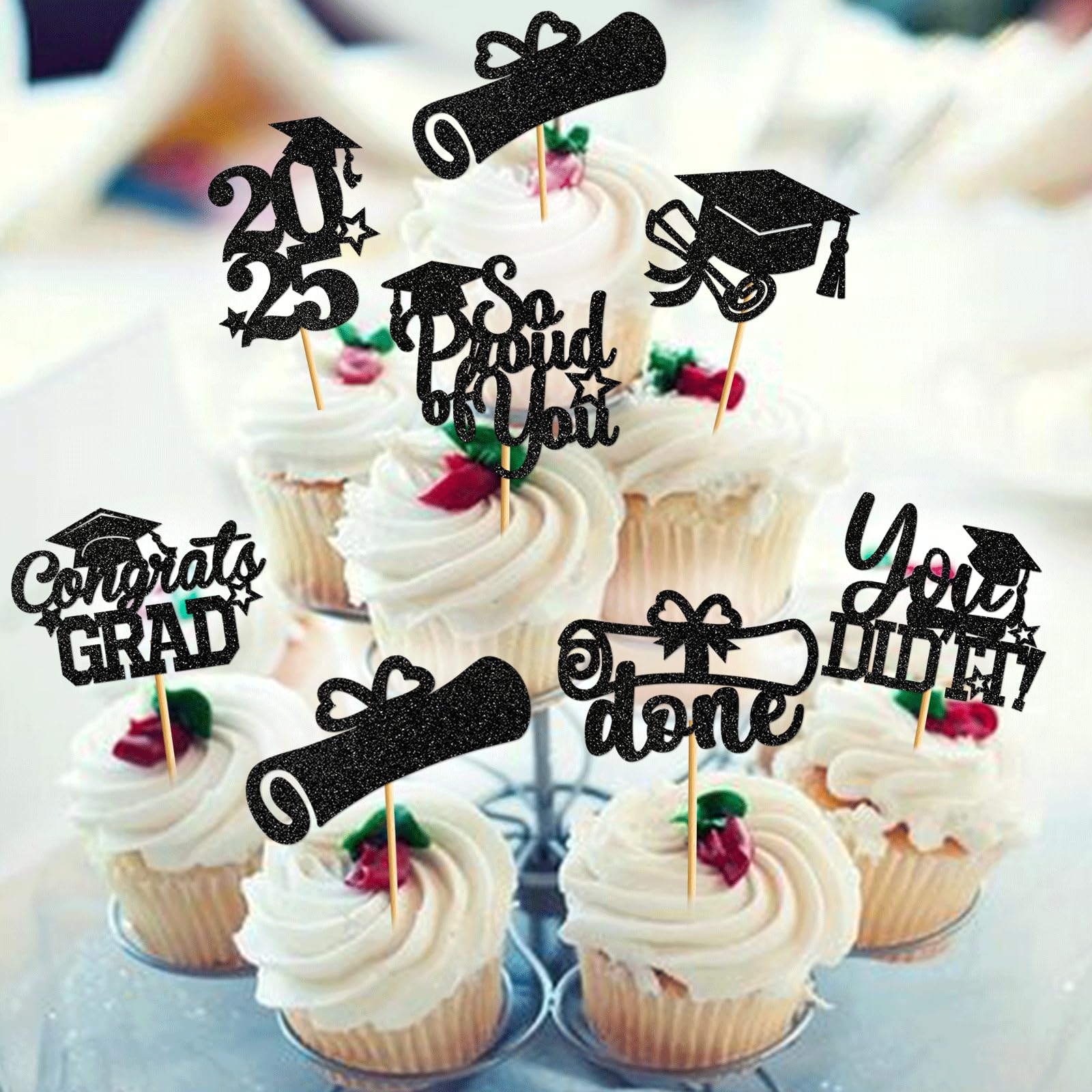 2025 Graduation Cupcake Toppers - 40Pcs Black Glitter Class of 2025 Cupcake Picks - Perfect for Graduation Party Decorations, School Celebrations & Dessert Table Displays