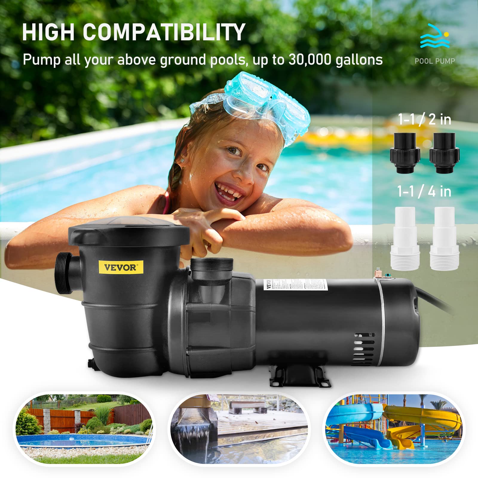 VEVOR 2.0HP 115V 1500W Single Speed Above Ground Pool Pump with Strainer Basket - 5400 GPH Max Flow, ETL Certified | Ideal for Inground & Above Ground Pools, Backyard Swimming, Water Circulation & Filtration