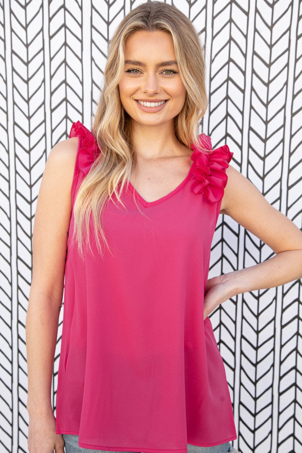 Fuchsia Frill Shoulder Sleeveless Crepe Woven Blouse for Women - Elegant Summer Tops for Casual Outings, Date Nights & Office Wear