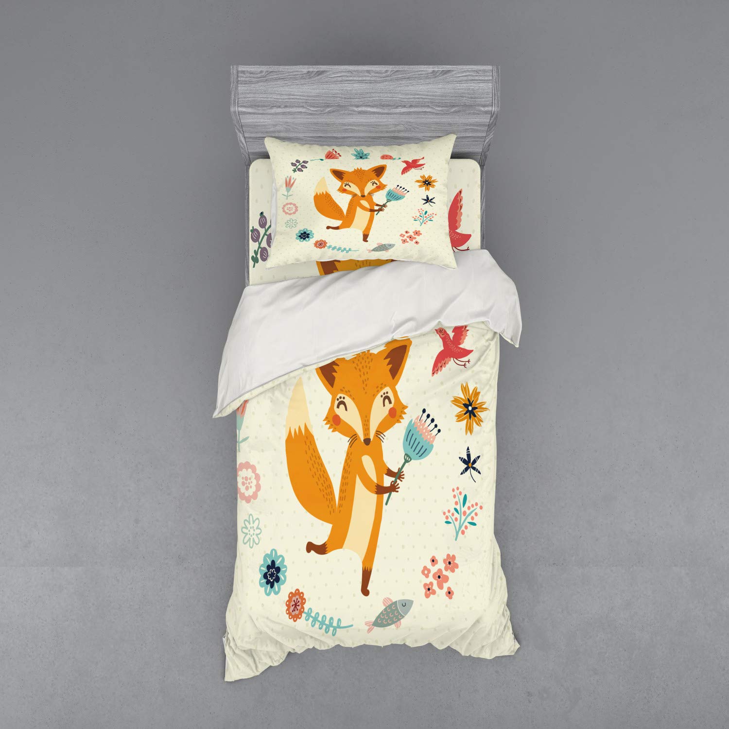 Ambesonne Cartoon Animal Floral Leaves Fish Duvet Cover Set - 3 Piece Twin XL Bedding with Sham & Fitted Sheet in Eggshell Coral Almond Green Peach - Perfect for Kids' Rooms, Guest Bedrooms & Dorm Decor