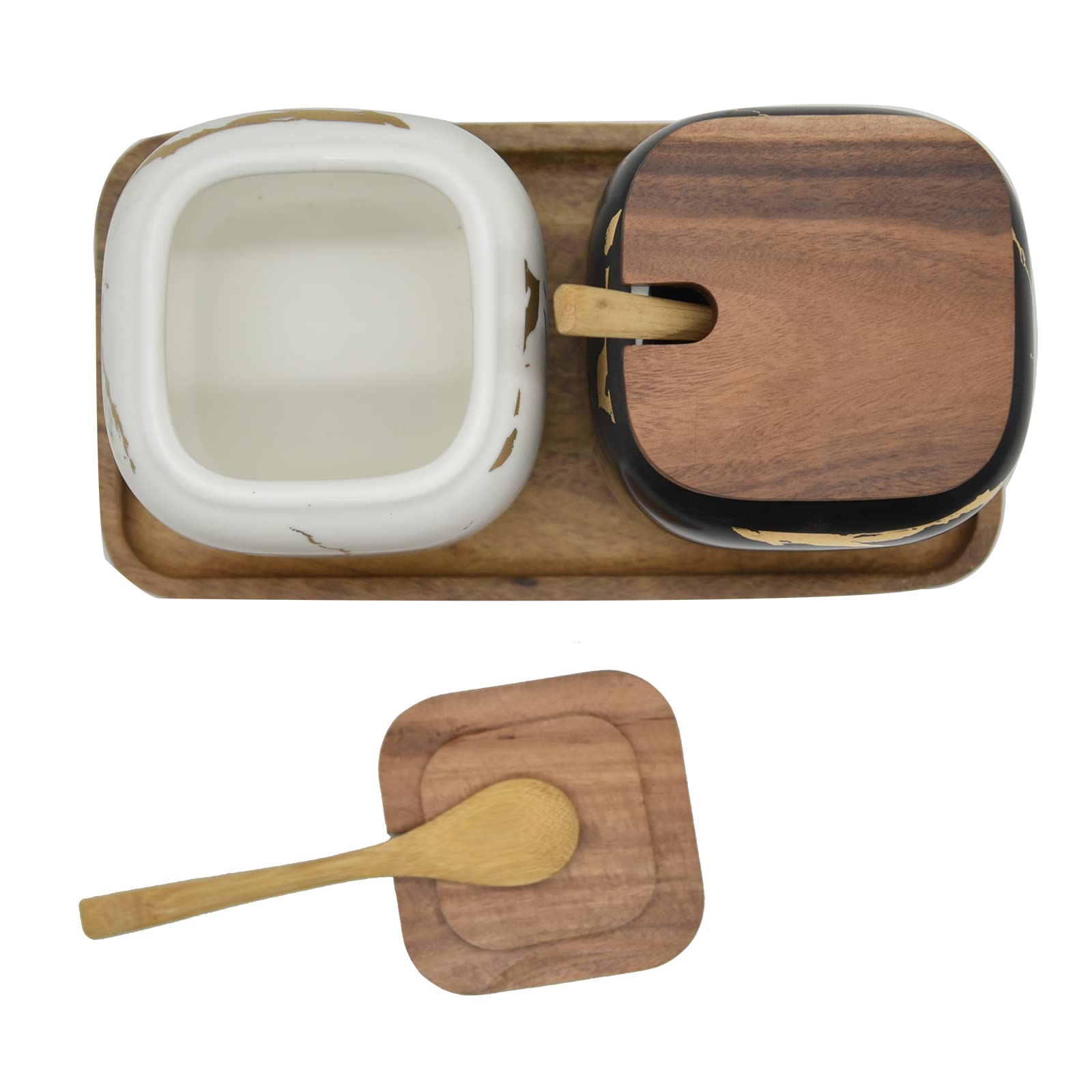 2 Sets Marble Ceramic Seasoning Jars with Lids - Sugar Bowl, Tray & Spoons Set (Black & White) for Kitchen Countertop, Dining Table & Coffee Bar Decor