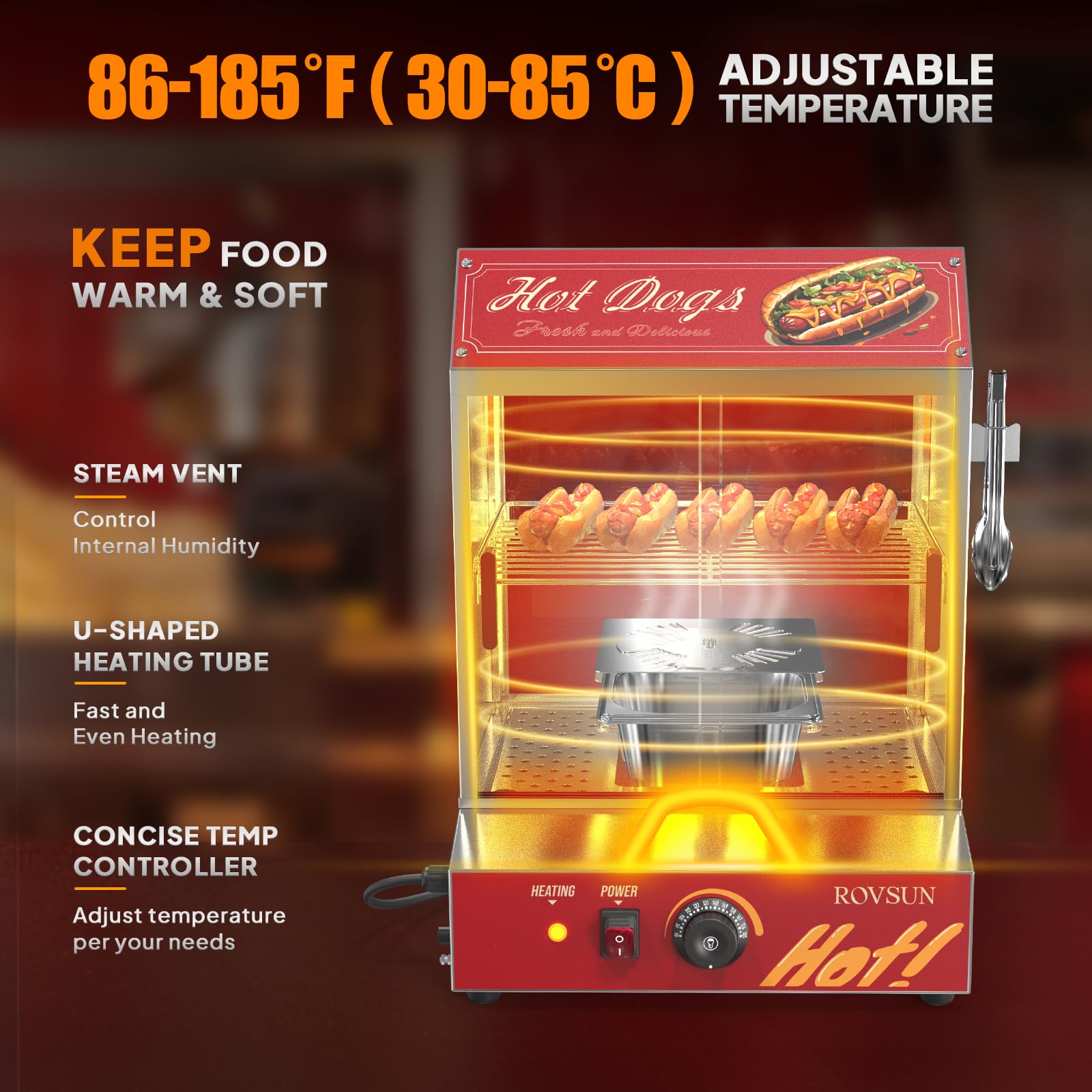 ROVSUN 42.3QT/40L Commercial Hot Dog Steamer - 2-Tier Hot Dog Warmer with Bun Heater for 235 Hot Dogs & 50 Buns - Removable Shelves & Food Clip - Perfect for Parties, Events, Concession Stands & Food Trucks