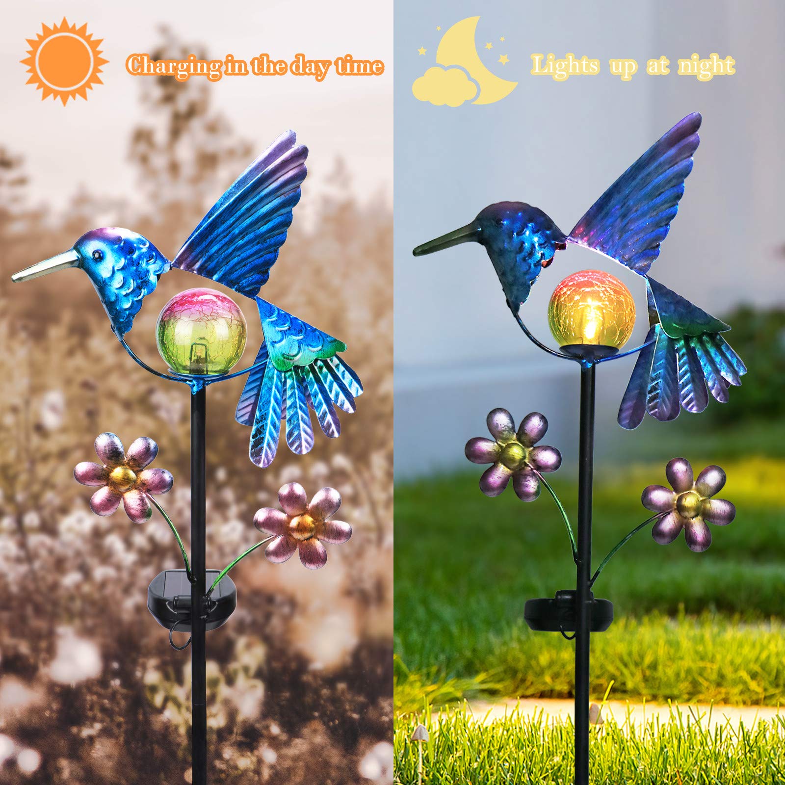 Solar Hummingbird Garden Stake Lights - Waterproof Outdoor LED Pathway Lights with Warm Crackled Glass Globe for Walkway, Yard, Lawn & Patio | Solar-Powered Landscape Lighting for Gardens, Driveways & Backyard Decor