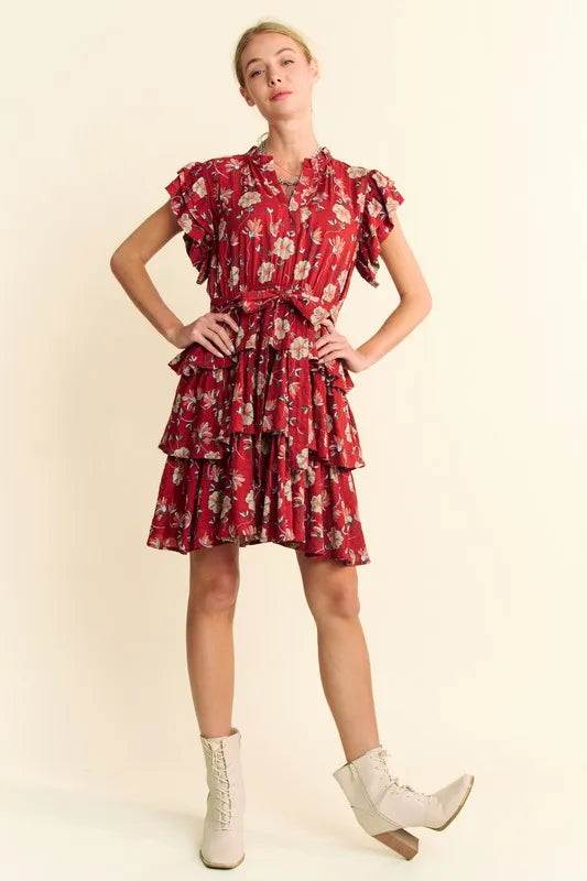 Red Floral Print Tie Waist Tiered Mini Dress for Women - Perfect for Summer Parties, Date Nights & Beach Vacations