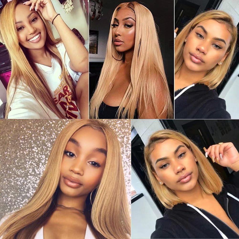 FEEL ME Honey Blonde Brazilian Hair 3 Bundles - Unprocessed Virgin Straight Human Hair Extensions 8A Grade - Color #27 (10 12 14 Inch) - Perfect for Daily Styling, Parties & Special Occasions