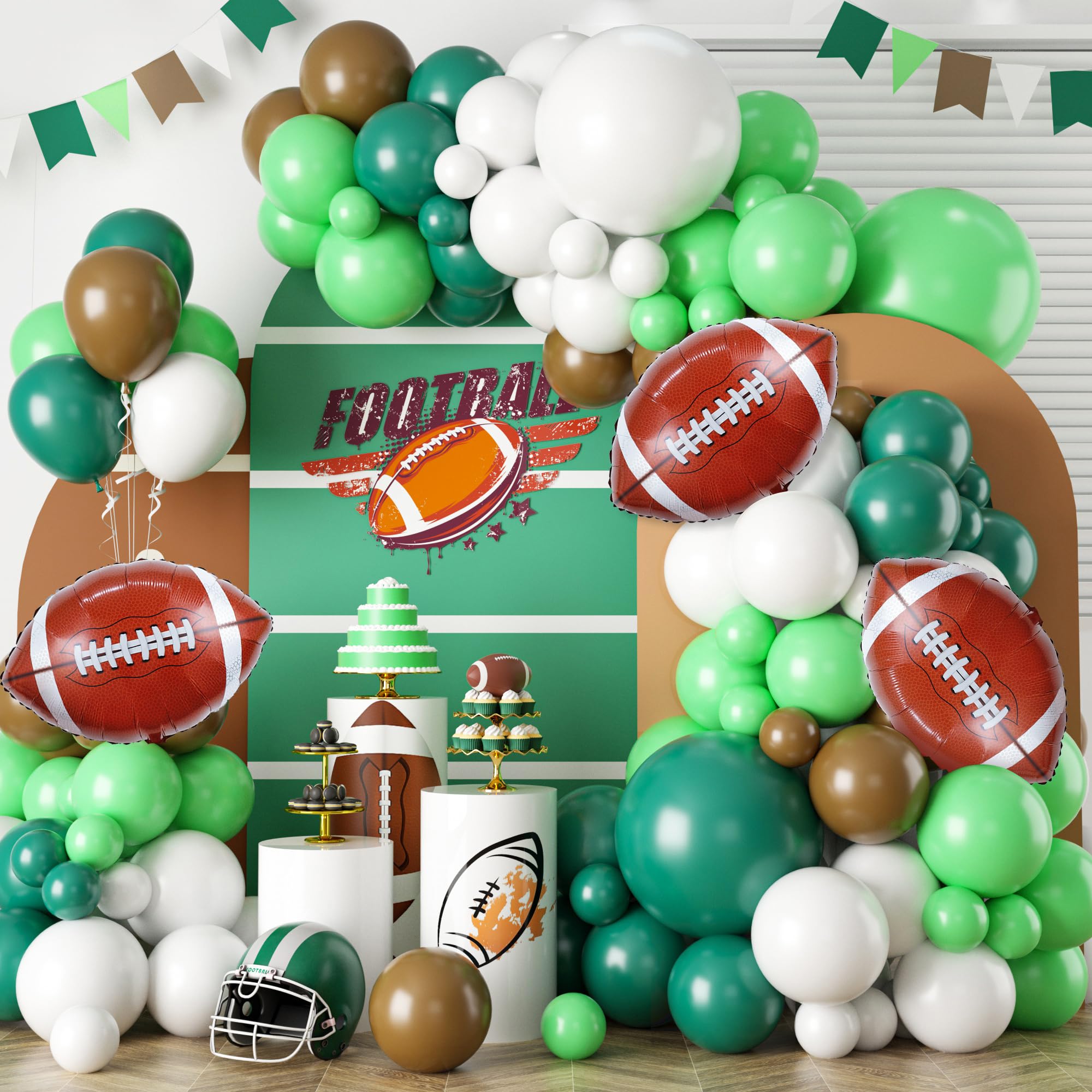 Football Balloon Arch Garland Kit - Green, Brown & White Sports Party Decorations for Boys Birthday, Football Game Theme Party, Baby Shower & Tailgate Events