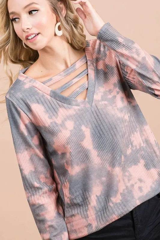 BiBi Variegated Tie Dye Rib V Neck Top with Straps - Stylish Casual Women's T-Shirt for Summer Outings & Beach Vacations
