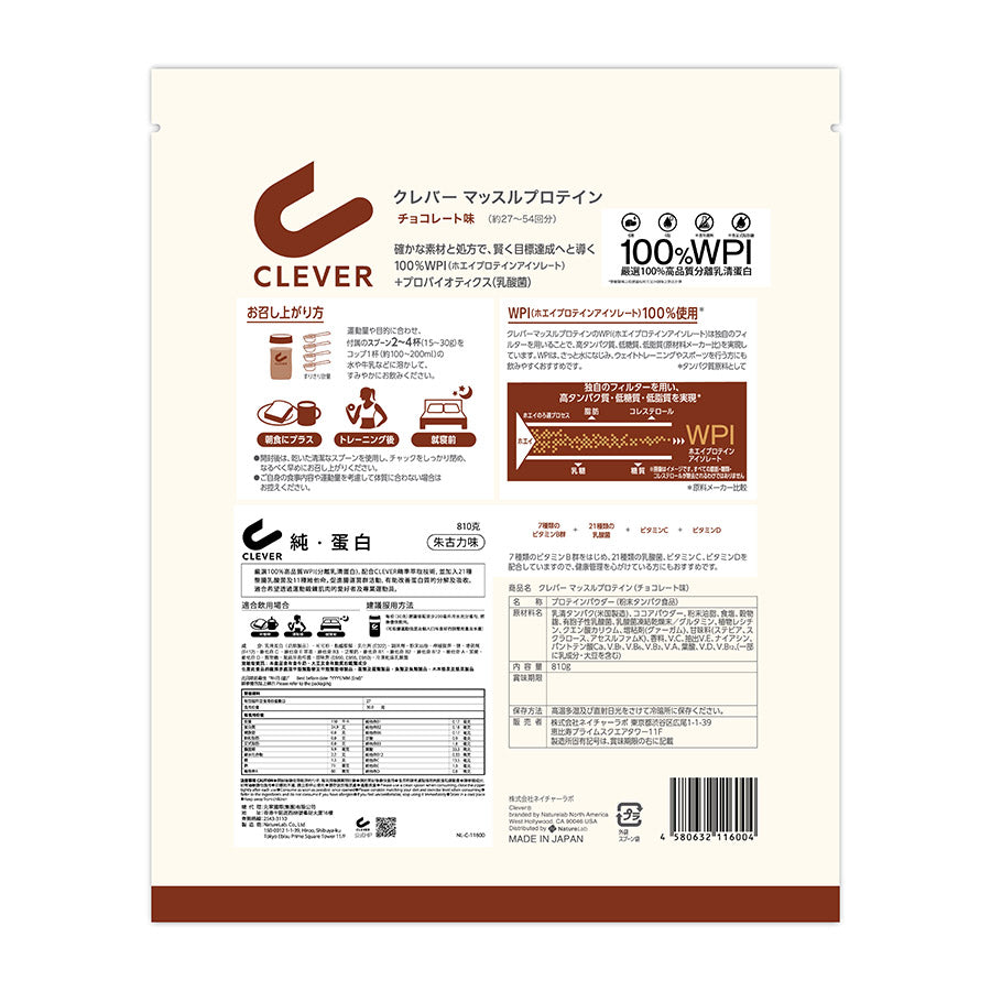 CLEVER Protein Muscle - Chocolate Flavor Whey Protein Powder (810g) for Bodybuilding, Muscle Recovery & Post-Workout Nutrition