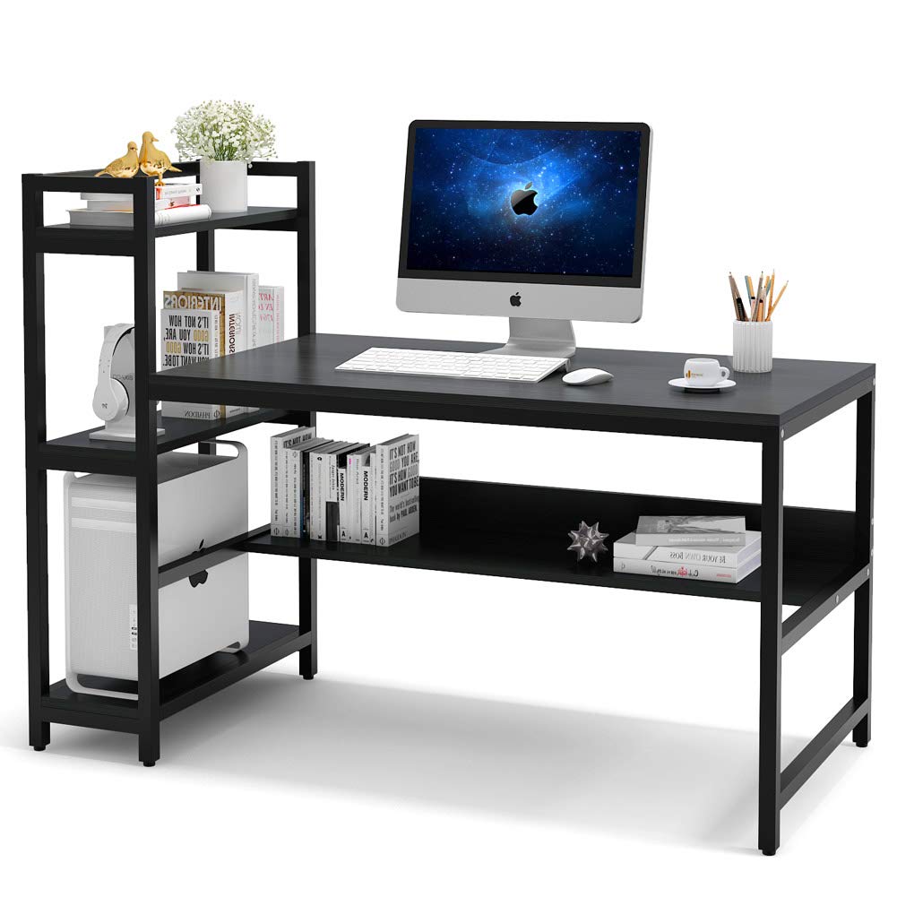 Tribesigns 60 Inch Modern Large Computer Desk with 4-Tier Storage Shelves - Home Office Desk, Study Writing Table, Workstation with Bookshelf & Tower Shelf (Black) - Perfect for Small Spaces, Gaming Setup & Remote Work