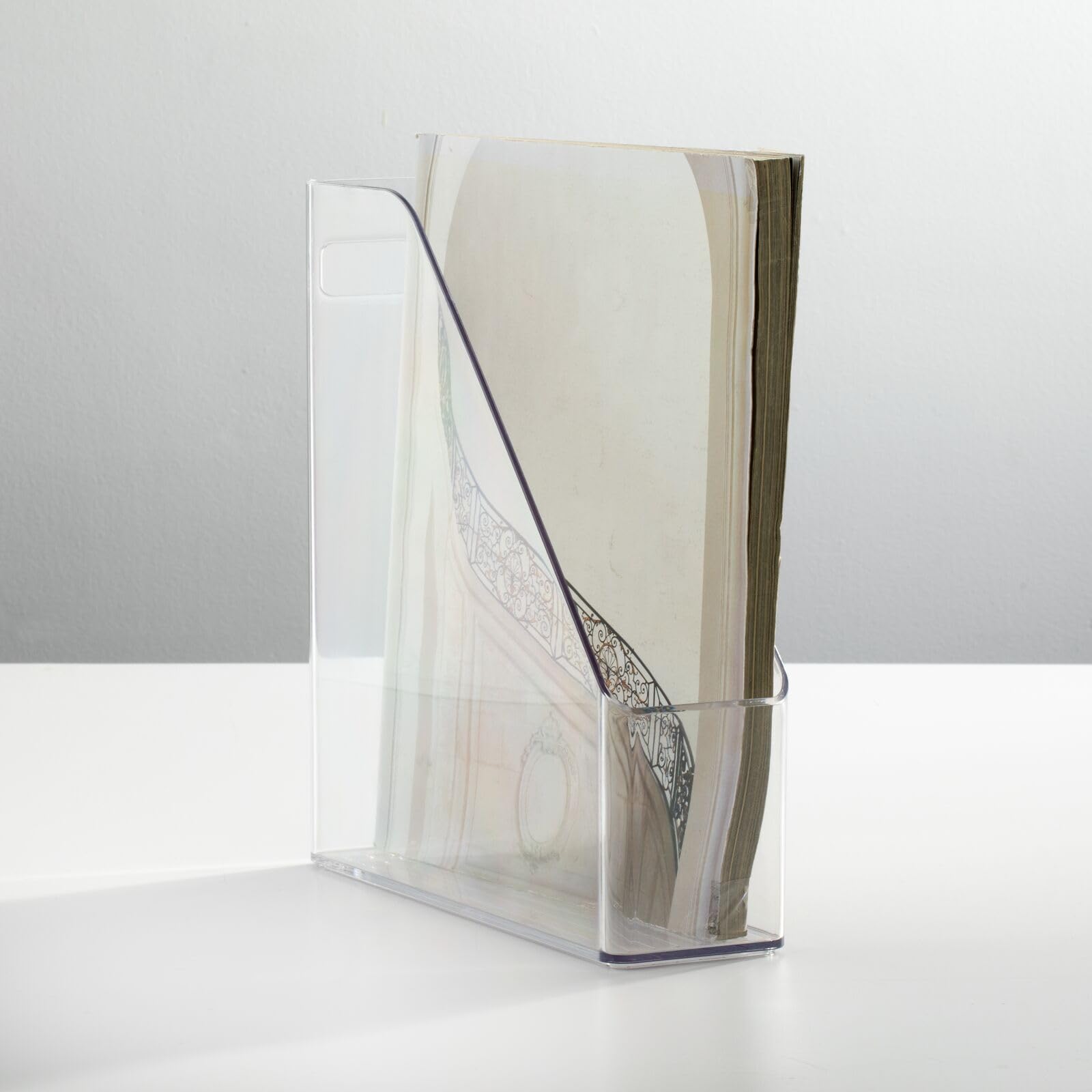 mDesign Clear Plastic Vertical File Organizer with Handle - Slim Storage Bin for Notebooks, Binders, Magazines | Home Office & Work Desk Organization | Ligne Collection | Perfect for Document Filing and Workspace Decluttering