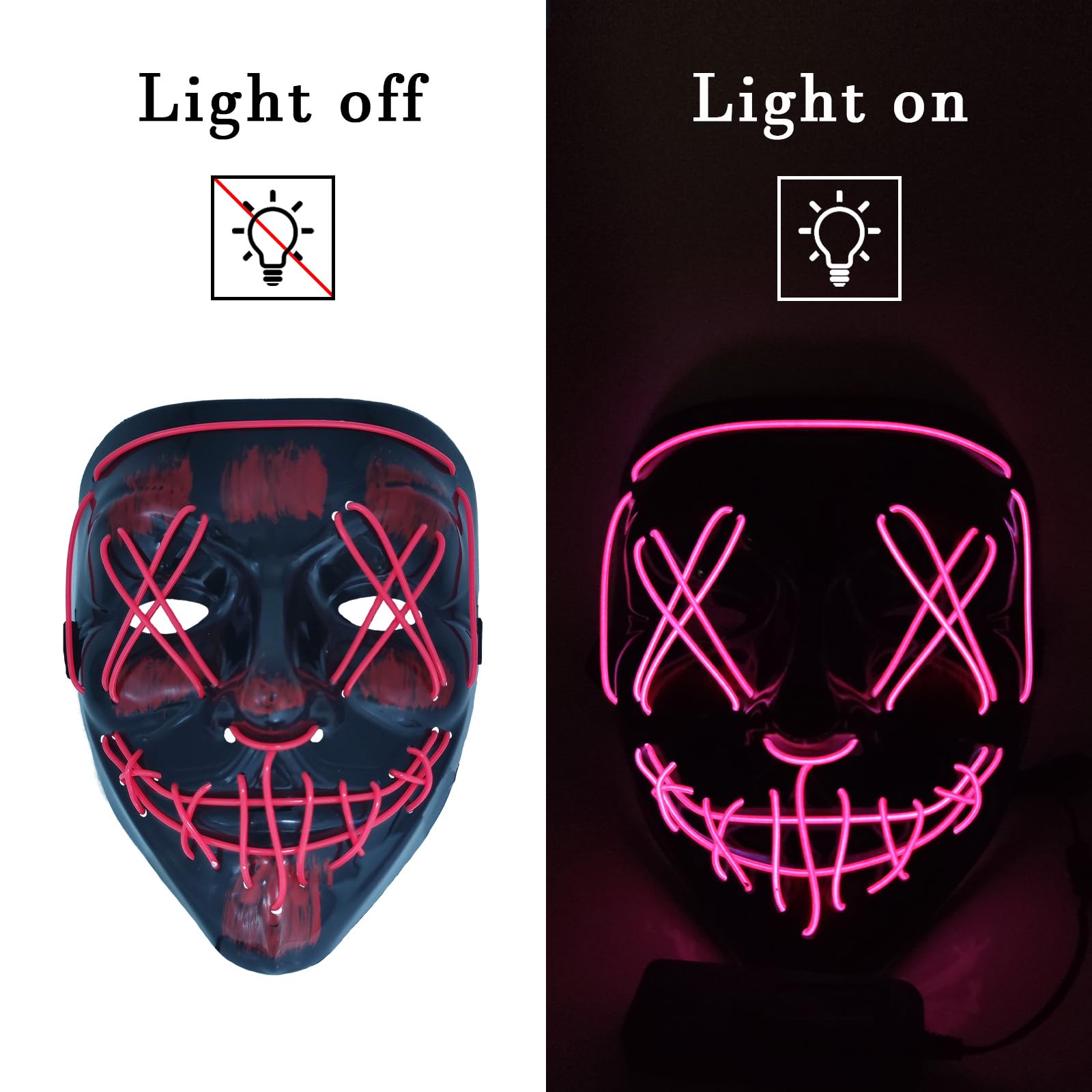 LED Light Up Halloween Mask with 4 Lighting Modes - Scary Scream Purge Mask for Cosplay, Horror Parties & Halloween Festivals - Rechargeable Glow Mask for Night Events & Costume Contests