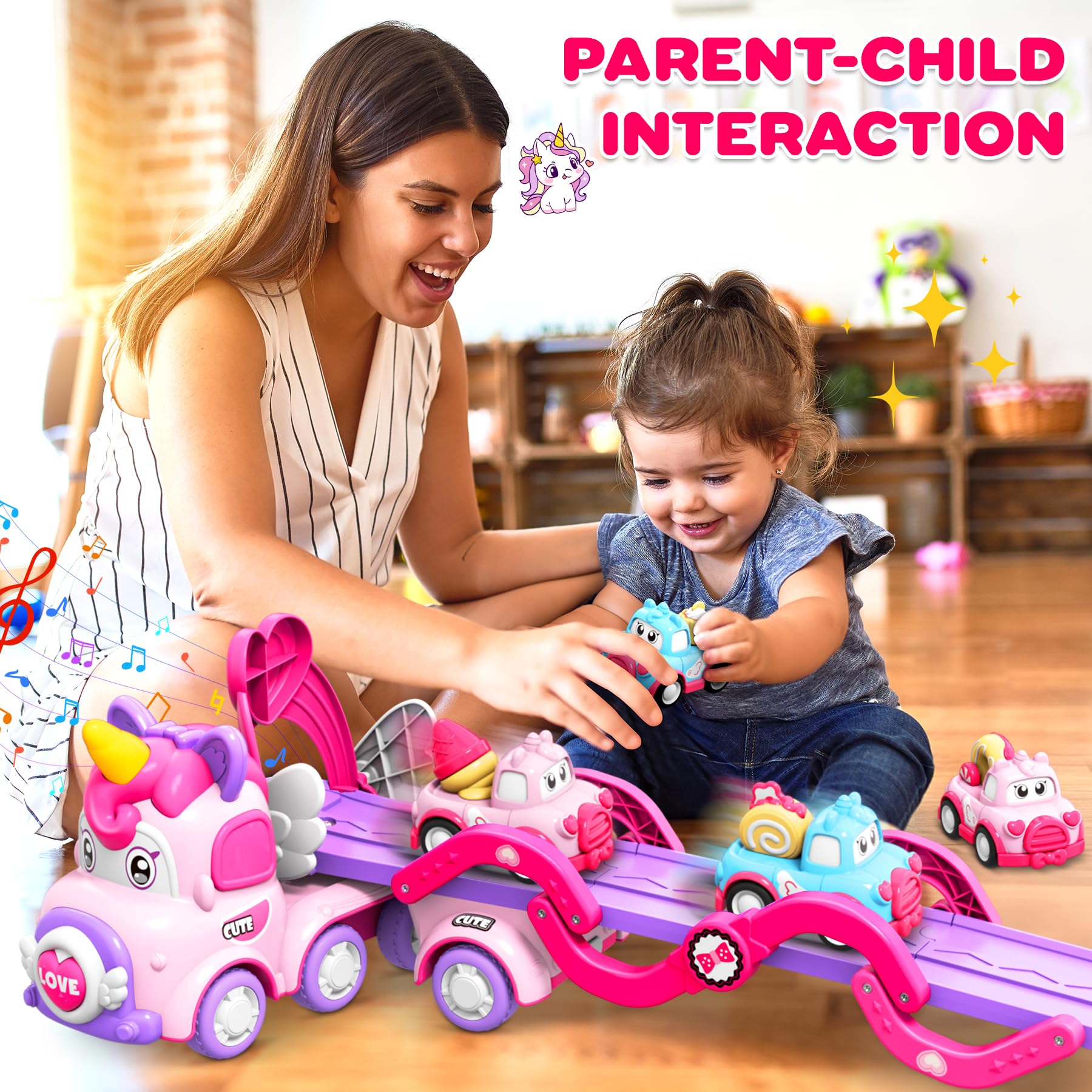 Pourbibi Auto Toy for Girls Ages 2-5 Years - Light & Music Truck Toy with Unicorn Design | Perfect Birthday & Christmas Gift for Toddlers | Pretend Play, Learning & Fun Transportation Toys for Kids