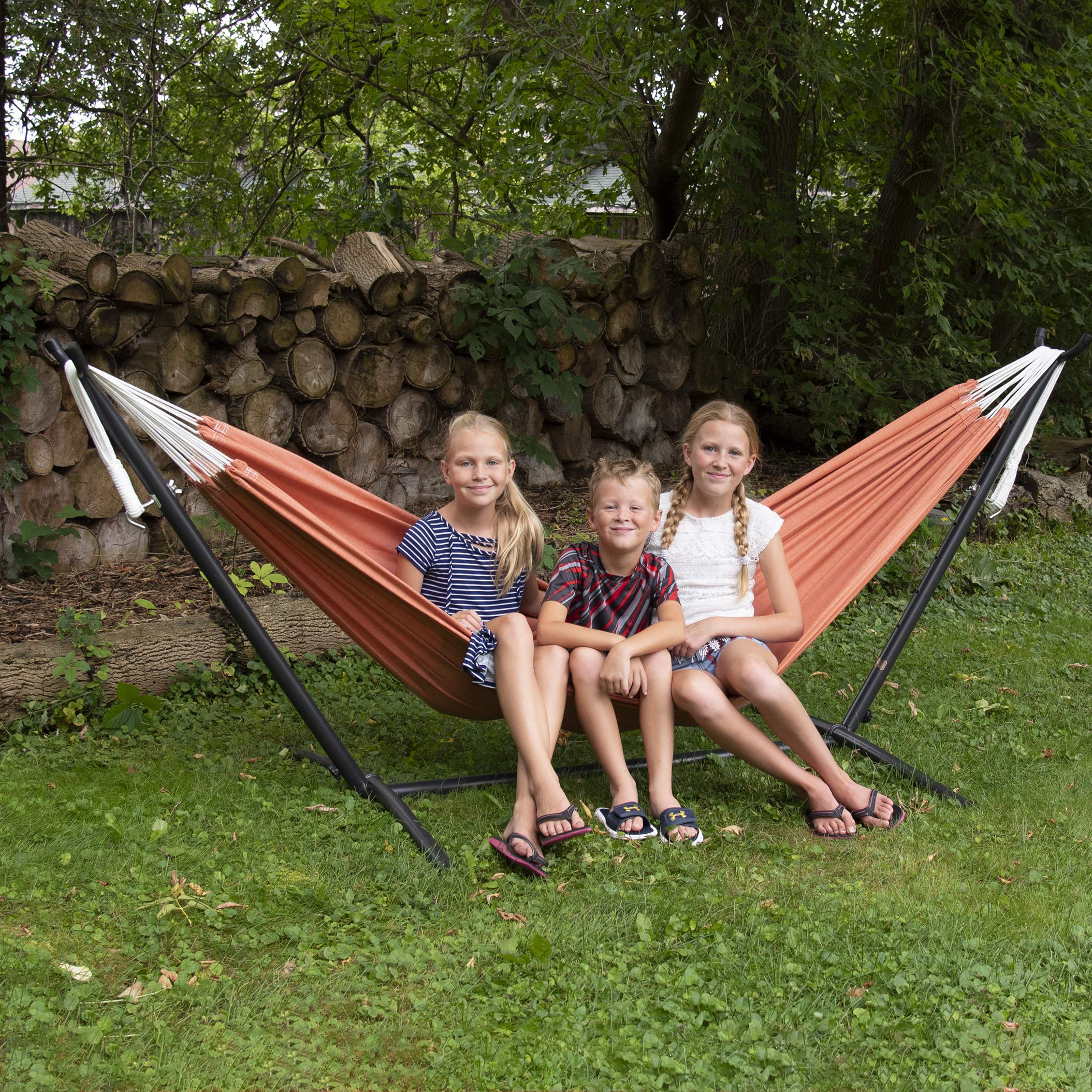 Vivere Double Hammock with Space-Saving Steel Stand - 450 lb Weight Capacity, Includes Premium Carry Bag (Coral) - Perfect for Backyard, Camping & Beach Relaxation